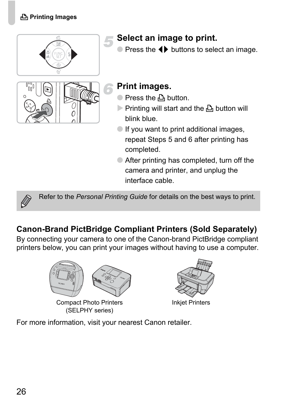 26 select an image to print, Print images | Canon A2100 IS User Manual | Page 26 / 131