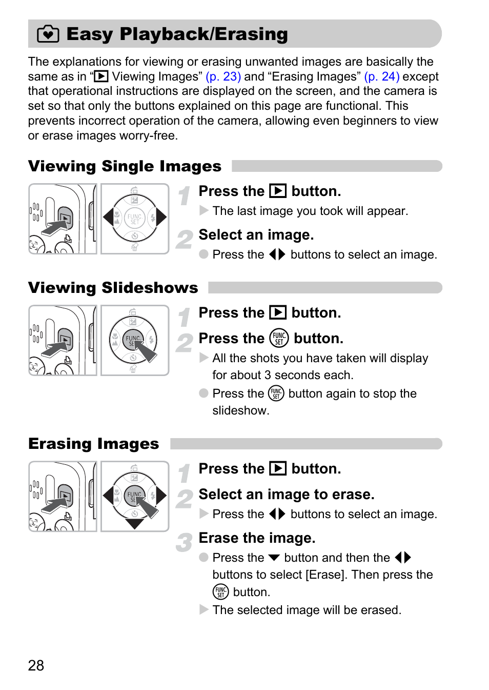 Easy playback/erasing, 9 easy playback/erasing, Viewing single images | Viewing slideshows, Erasing images | Canon A2100 IS User Manual | Page 28 / 131