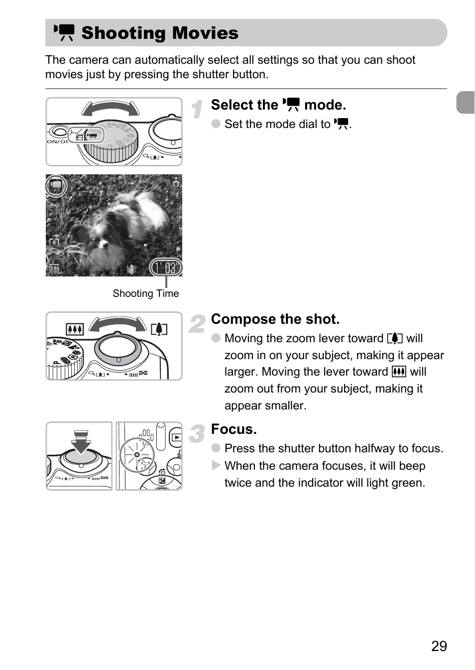 Shooting movies, E shooting movies | Canon A2100 IS User Manual | Page 29 / 131