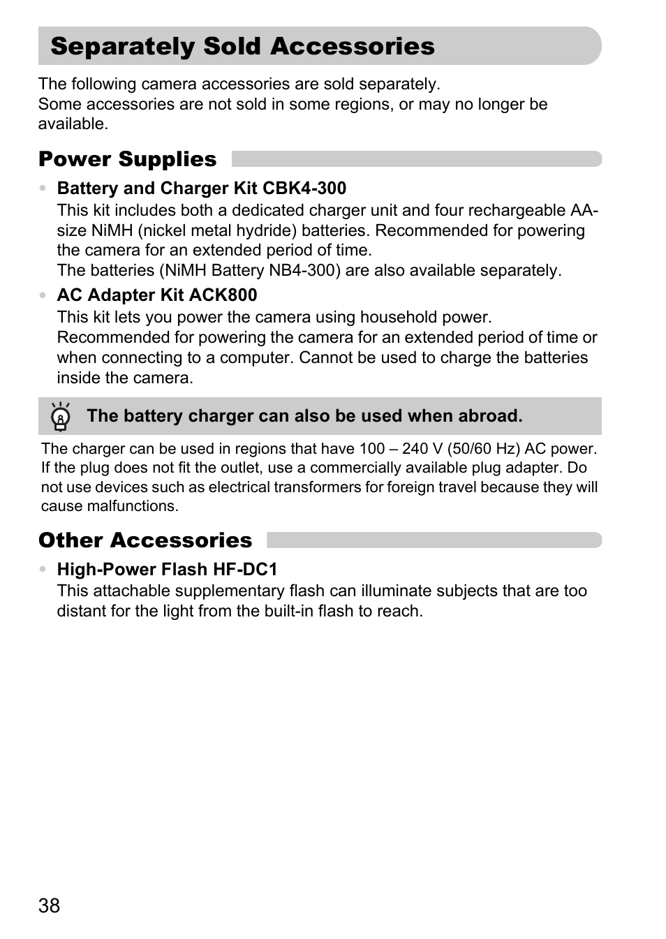 Separately sold accessories, Power supplies, Other accessories | Canon A2100 IS User Manual | Page 38 / 131