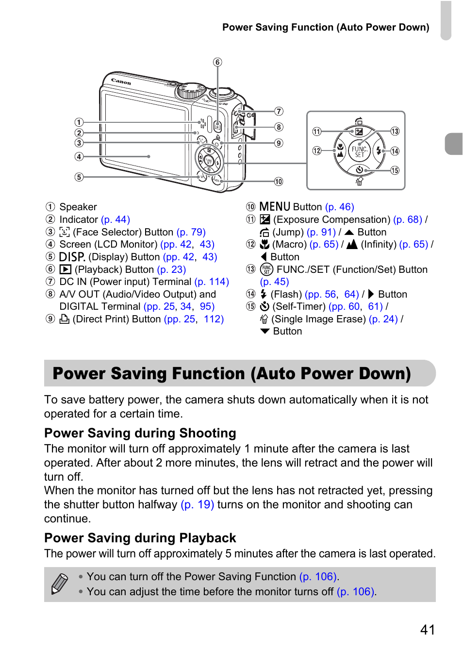 Power saving function (auto power down), Power saving during shooting, Power saving during playback | Canon A2100 IS User Manual | Page 41 / 131