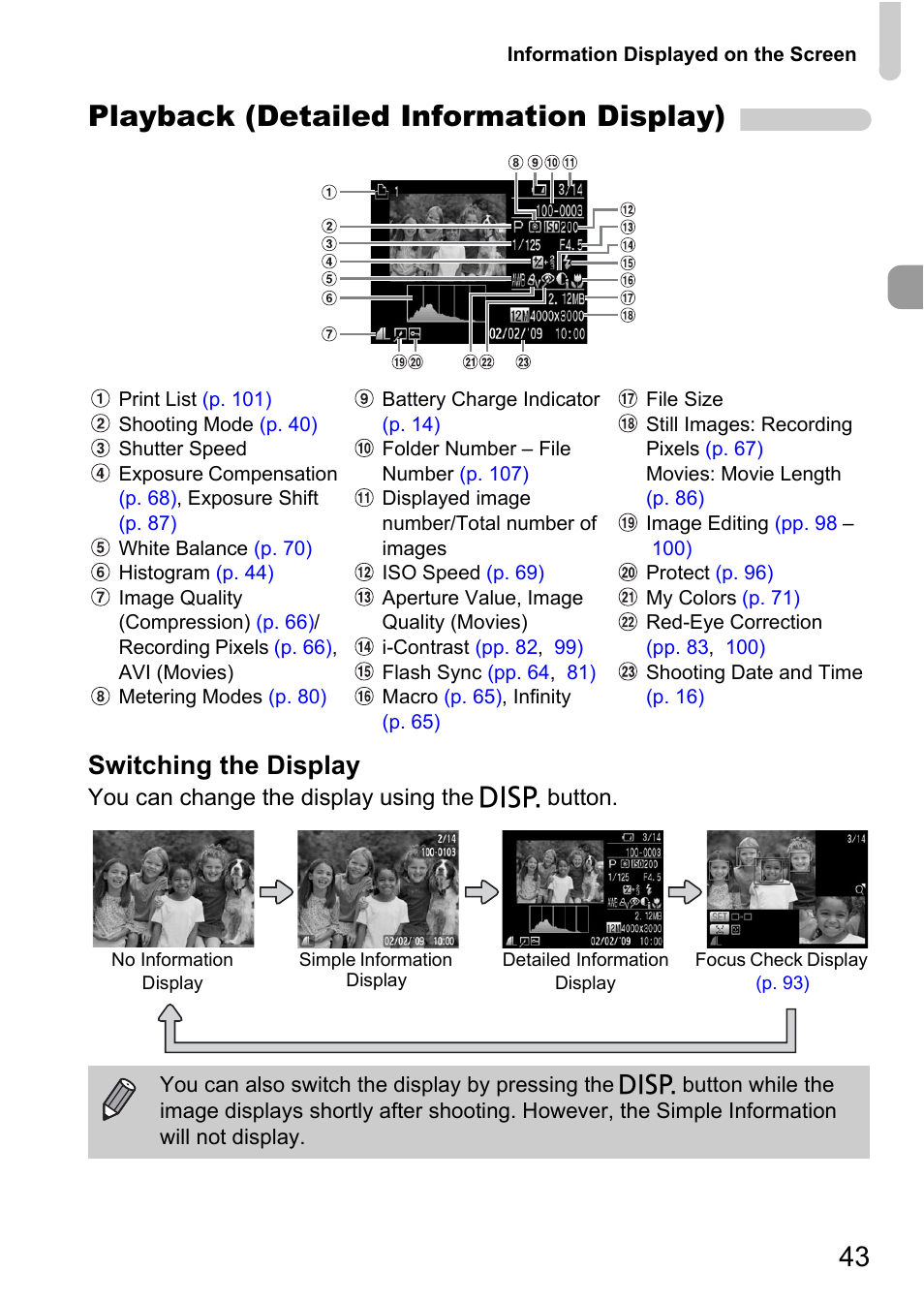 Playback (detailed information display), Switching the display | Canon A2100 IS User Manual | Page 43 / 131