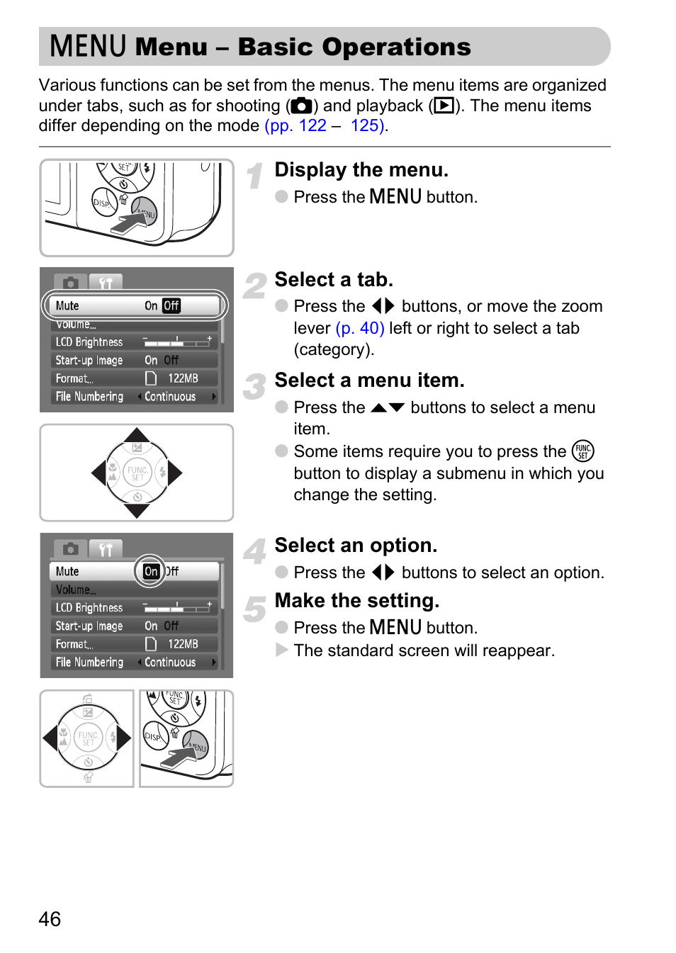 Menu - basic operations, N menu – basic operations, P. 46) | Display the menu, Select a tab, Select a menu item, Select an option, Make the setting | Canon A2100 IS User Manual | Page 46 / 131