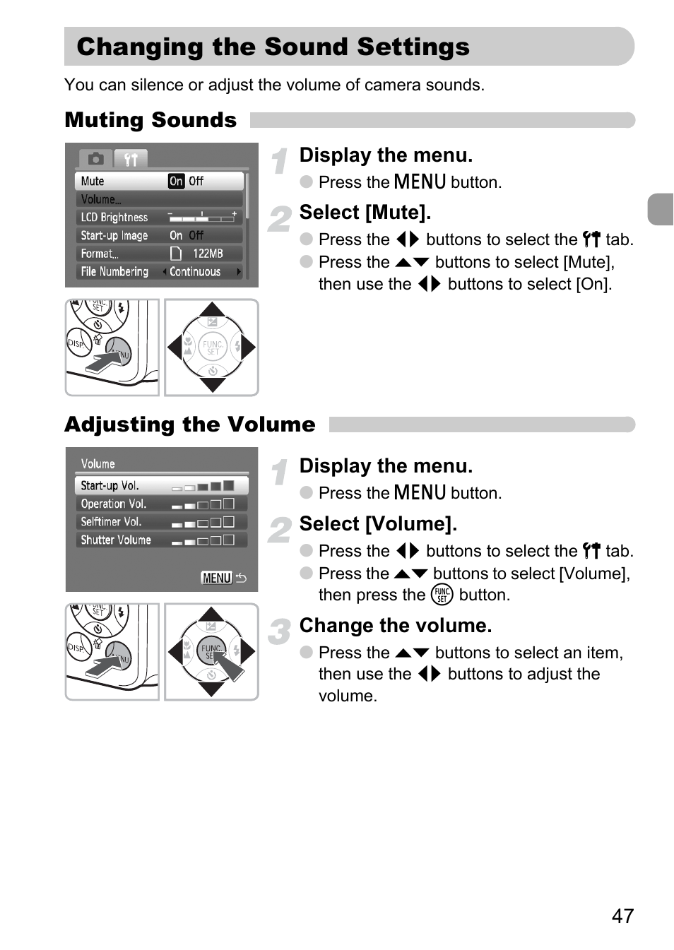 Changing the sound settings, Muting sounds, Adjusting the volume | Canon A2100 IS User Manual | Page 47 / 131