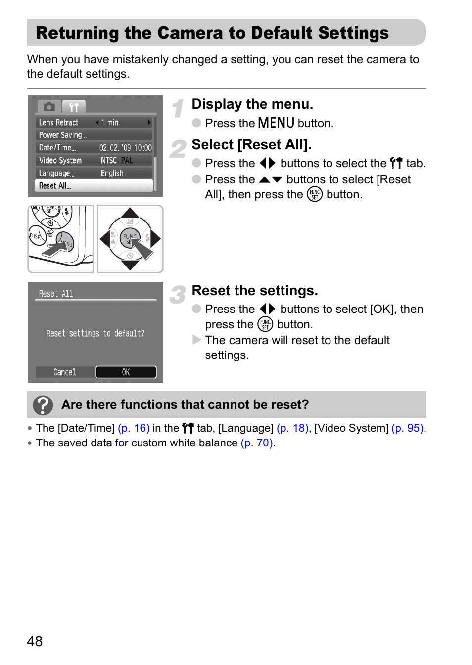 Returning the camera to default settings, Display the menu, Select [reset all | Reset the settings | Canon A2100 IS User Manual | Page 48 / 131