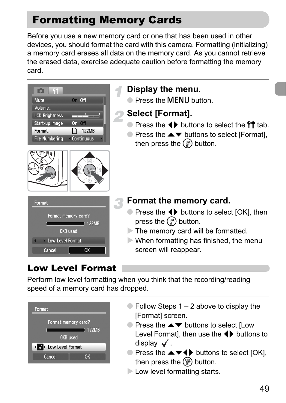 Formatting memory cards, Low level format, Display the menu | Select [format | Canon A2100 IS User Manual | Page 49 / 131