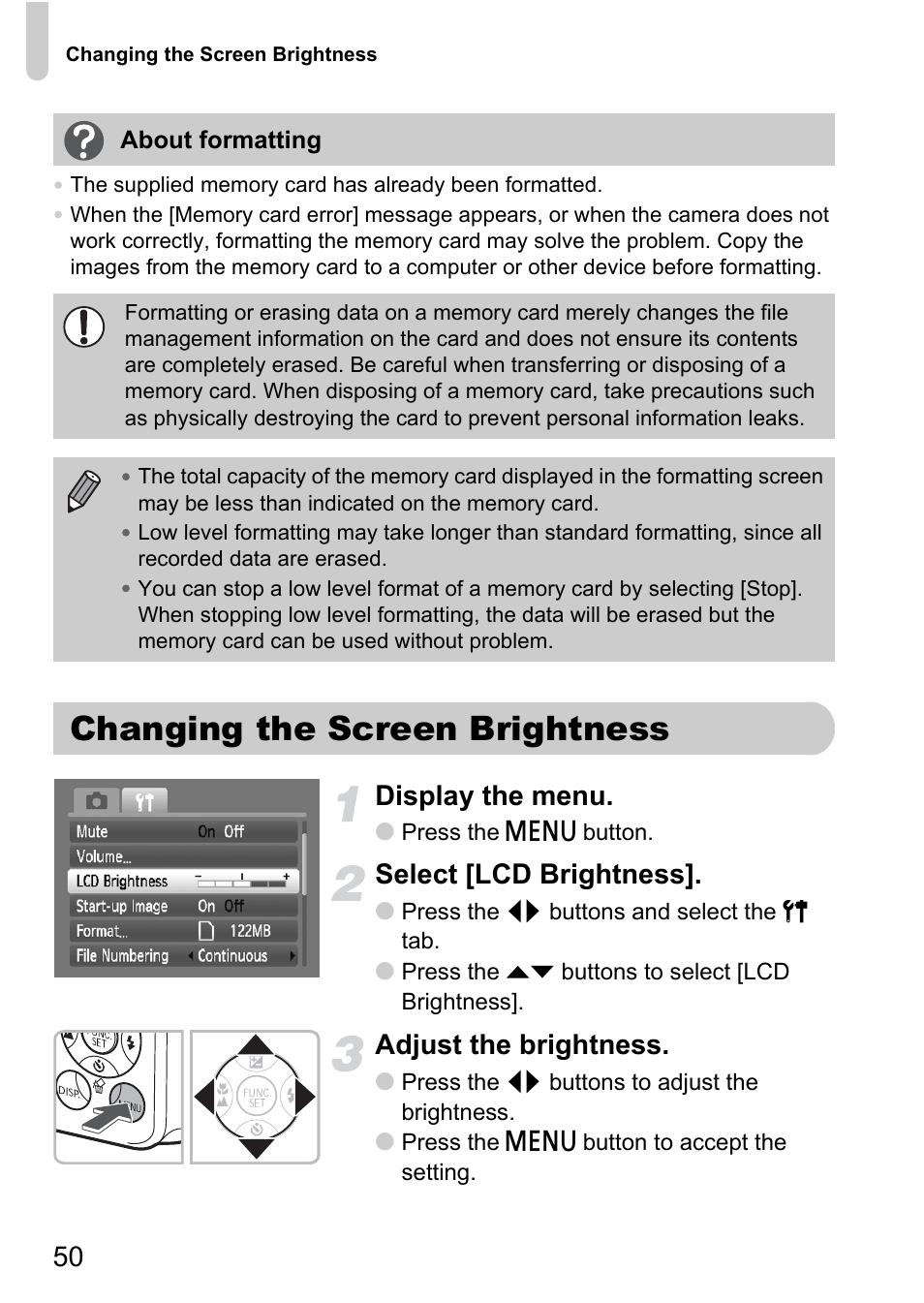 Changing the screen brightness, Display the menu, Select [lcd brightness | Adjust the brightness | Canon A2100 IS User Manual | Page 50 / 131