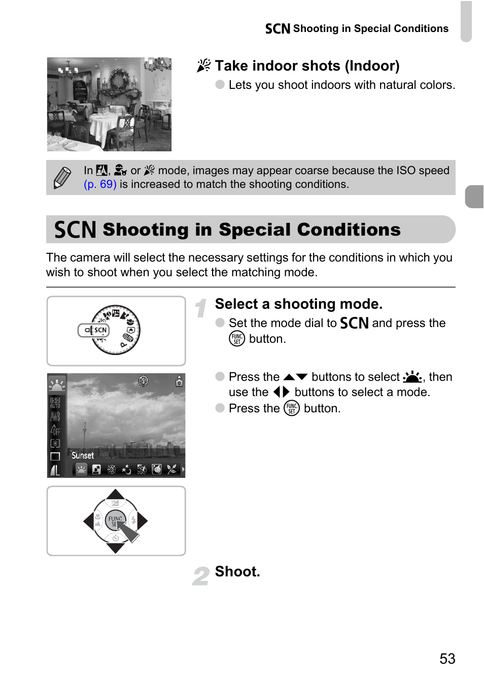 Shooting in special conditions, P. 53), K shooting in special conditions | 53 h take indoor shots (indoor), Select a shooting mode, Shoot | Canon A2100 IS User Manual | Page 53 / 131