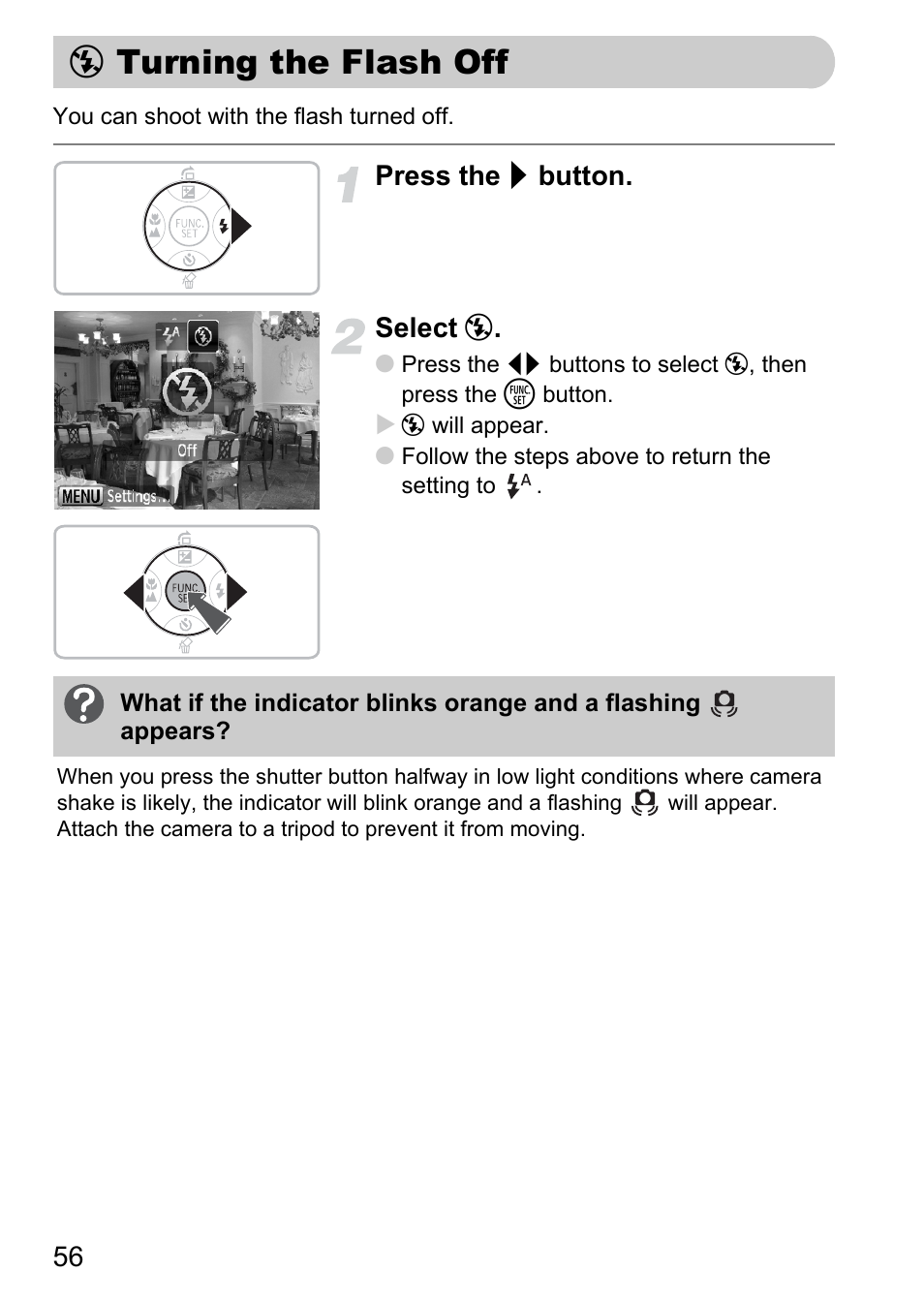 Turning the flash off, P. 56), Pp. 56 | Warning, Press the r button. select | Canon A2100 IS User Manual | Page 56 / 131