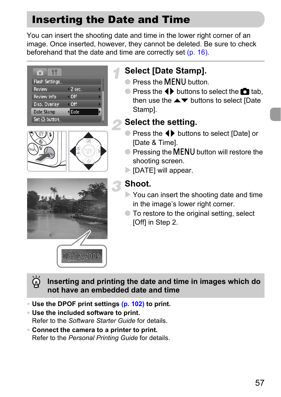 Inserting the date and time, P. 57), Select [date stamp | Select the setting, Shoot | Canon A2100 IS User Manual | Page 57 / 131