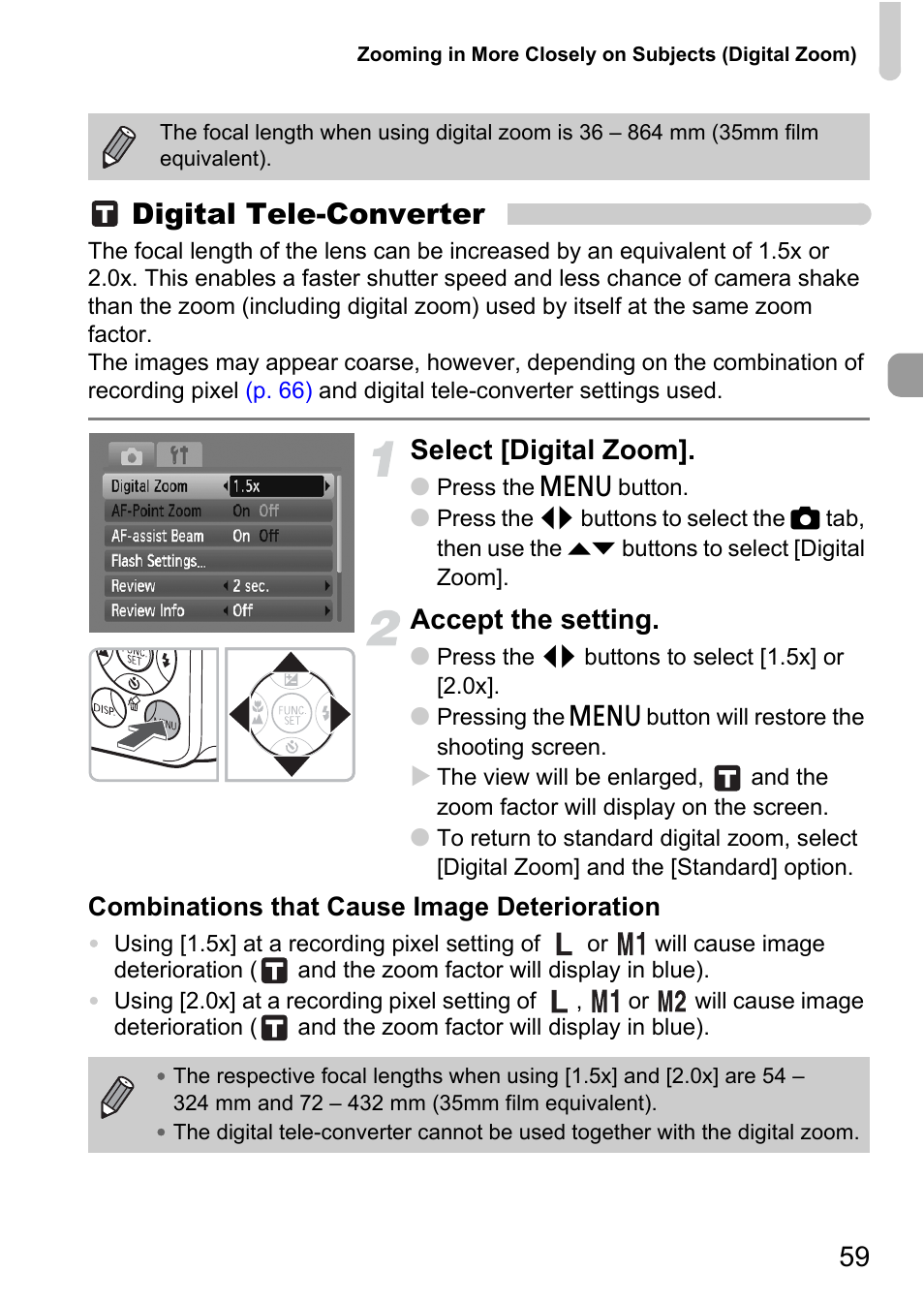 P. 59), Digital tele-converter, Select [digital zoom | Accept the setting | Canon A2100 IS User Manual | Page 59 / 131