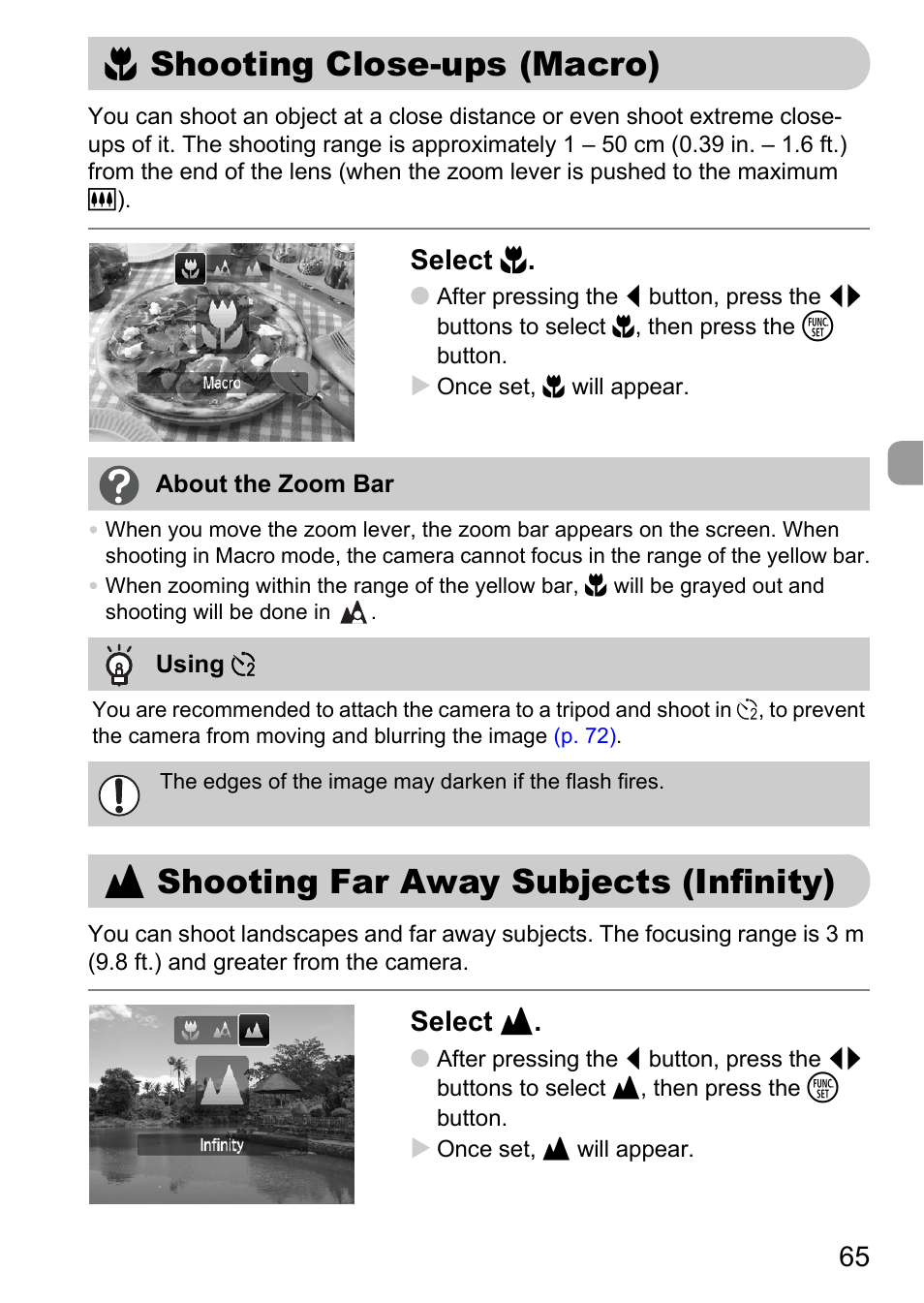 Shooting close-ups (macro), Shooting far away subjects (infinity), Macro) | P. 65), Macro, Infinity, E shooting close-ups (macro), U shooting far away subjects (infinity), Select e, Select u | Canon A2100 IS User Manual | Page 65 / 131