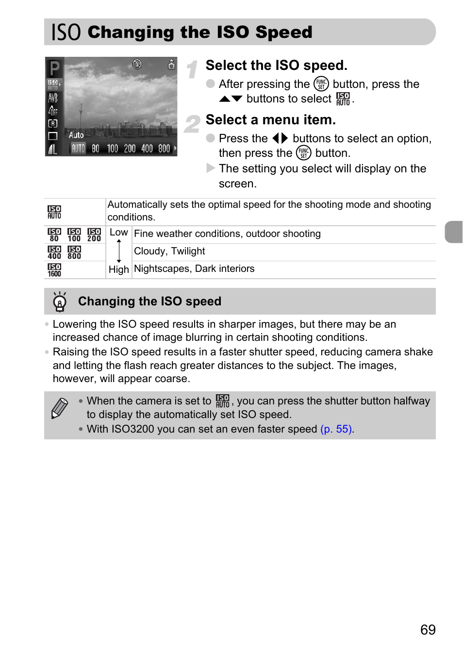 Changing the iso speed, Iso speed, P. 69) | 69 select the iso speed, Select a menu item | Canon A2100 IS User Manual | Page 69 / 131