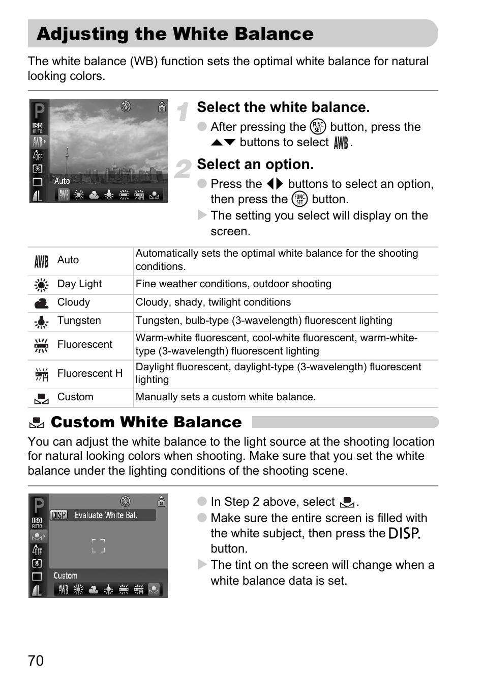 Adjusting the white balance, P. 70), Custom white balance | Select the white balance, Select an option | Canon A2100 IS User Manual | Page 70 / 131