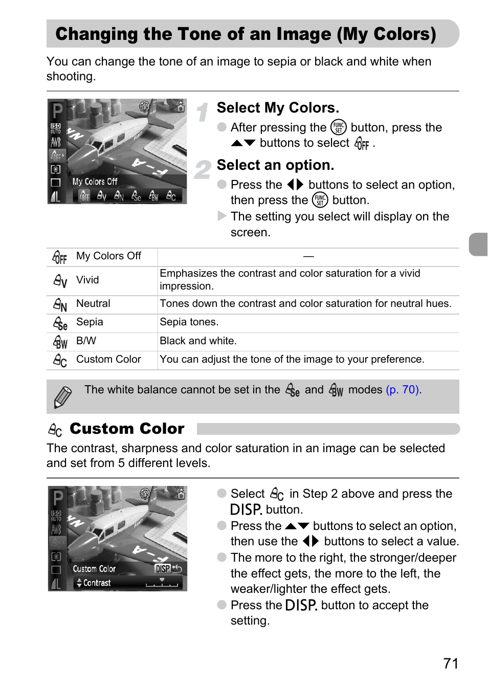 Changing the tone of an image (my colors), P. 71), Lors | Custom color, Select my colors, Select an option | Canon A2100 IS User Manual | Page 71 / 131