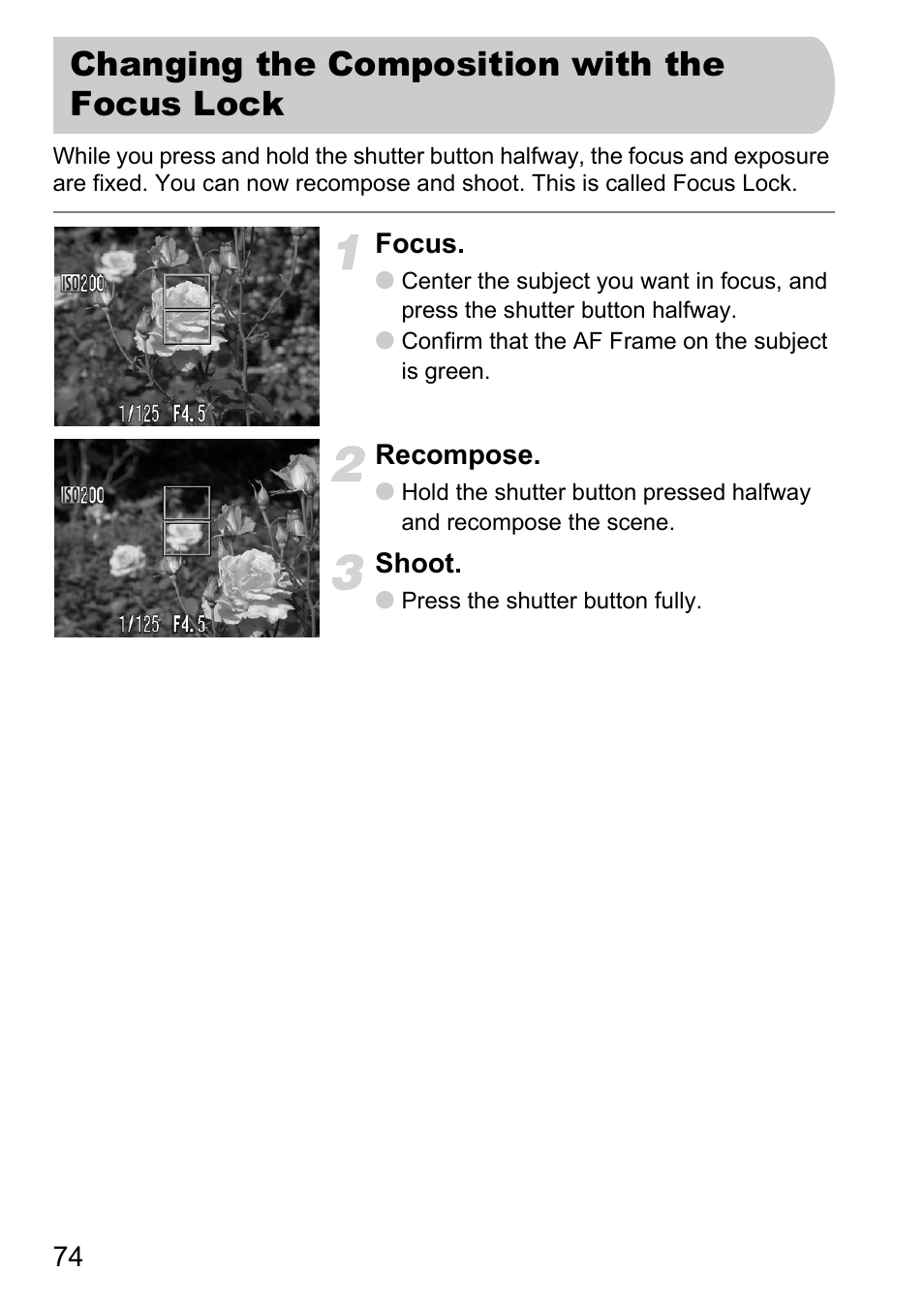 Changing the composition with the focus lock | Canon A2100 IS User Manual | Page 74 / 131