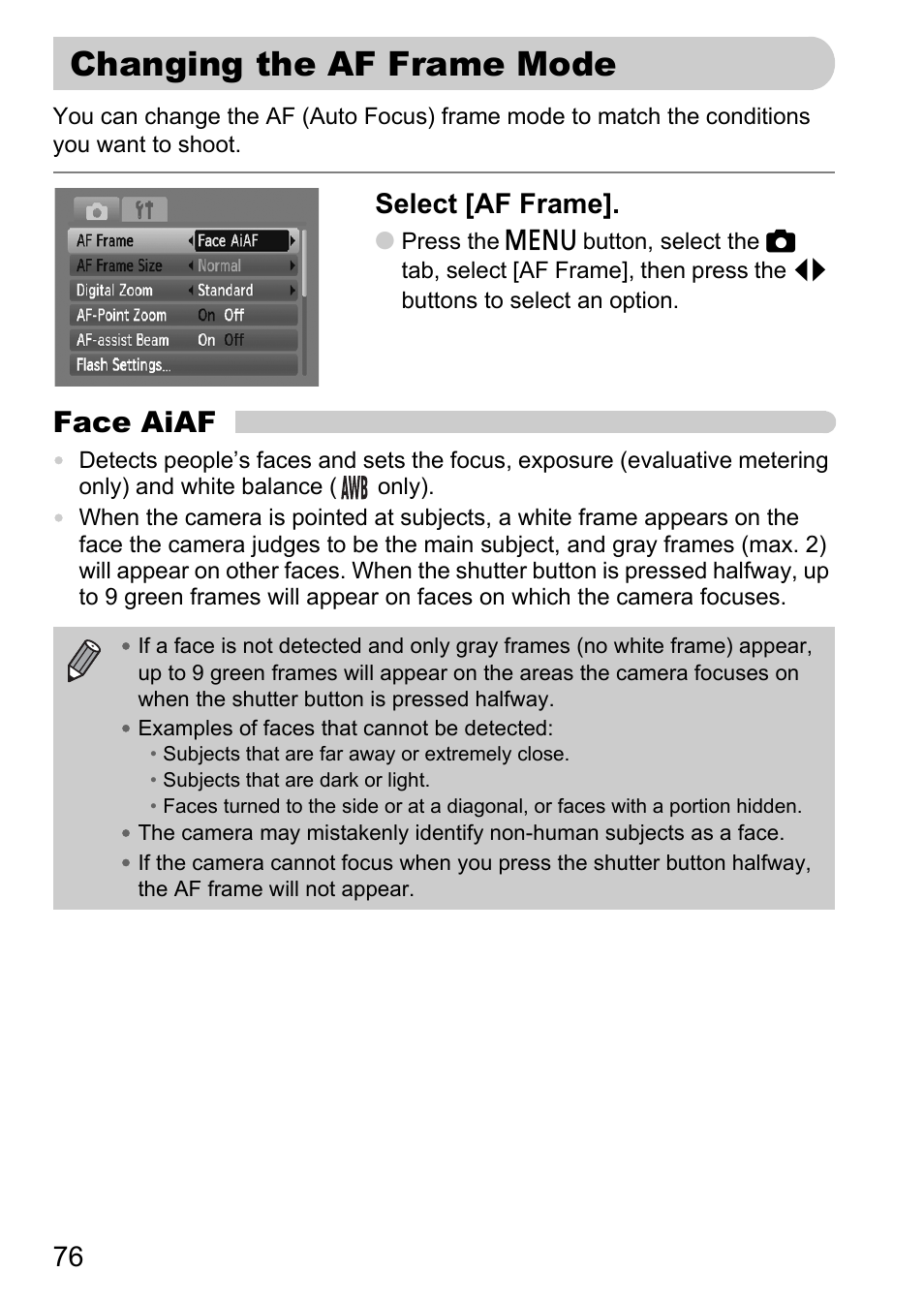 Changing the af frame mode, P. 76), Face aiaf | Select [af frame | Canon A2100 IS User Manual | Page 76 / 131