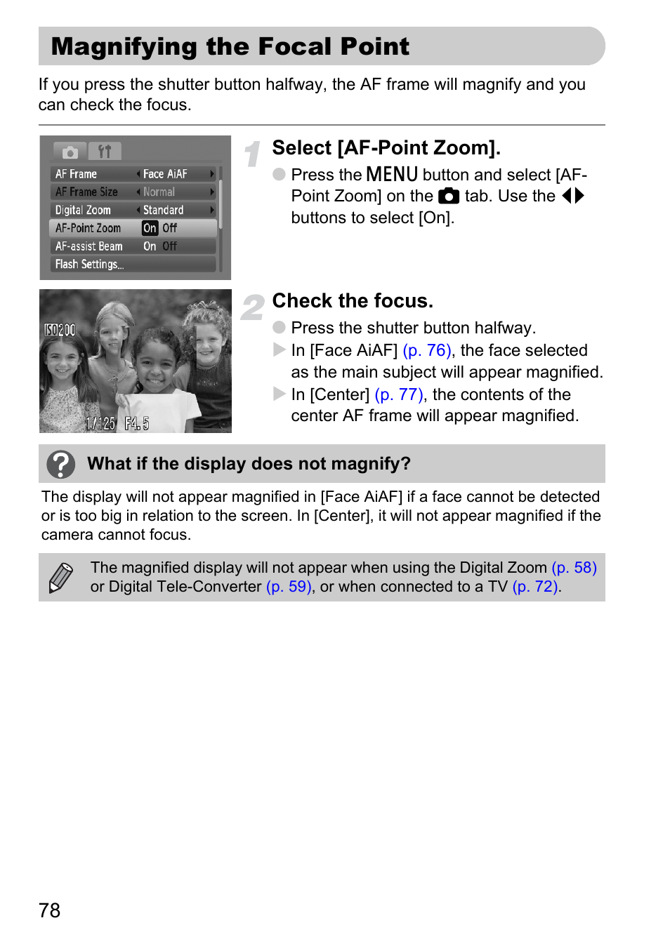 Magnifying the focal point, Select [af-point zoom, Check the focus | Canon A2100 IS User Manual | Page 78 / 131