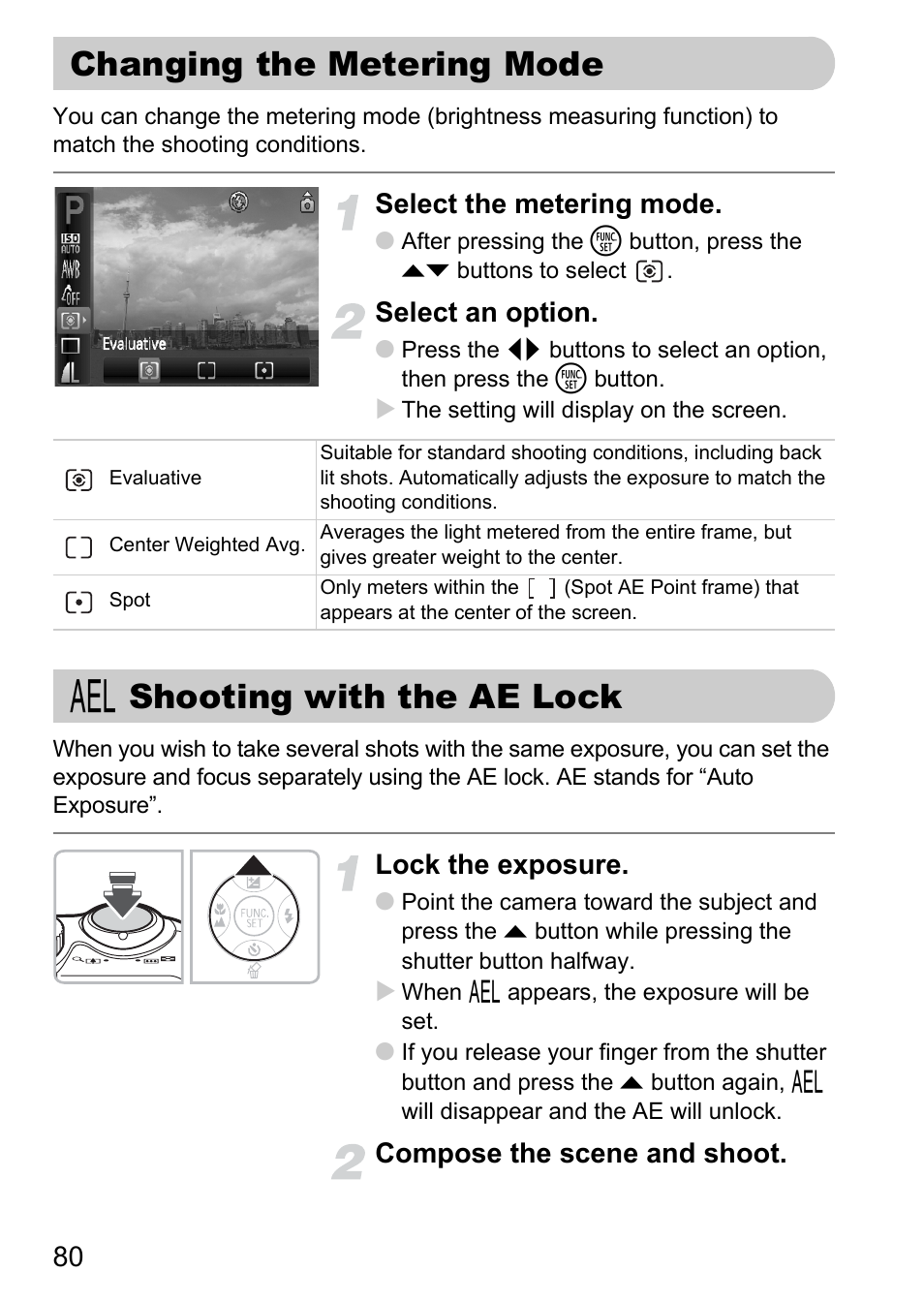 Changing the metering mode, Shooting with the ae lock, P. 80) | Pp. 80, Select the metering mode, Select an option, Lock the exposure, Compose the scene and shoot | Canon A2100 IS User Manual | Page 80 / 131