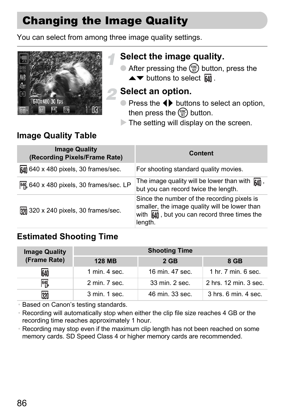 Changing the image quality, P. 86), Select the image quality | Select an option, Image quality table estimated shooting time | Canon A2100 IS User Manual | Page 86 / 131