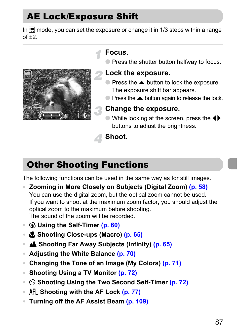 Ae lock/exposure shift, Other shooting functions, Ae lock/exposure shift other shooting functions | P. 87), Focus, Lock the exposure, Change the exposure, Shoot | Canon A2100 IS User Manual | Page 87 / 131