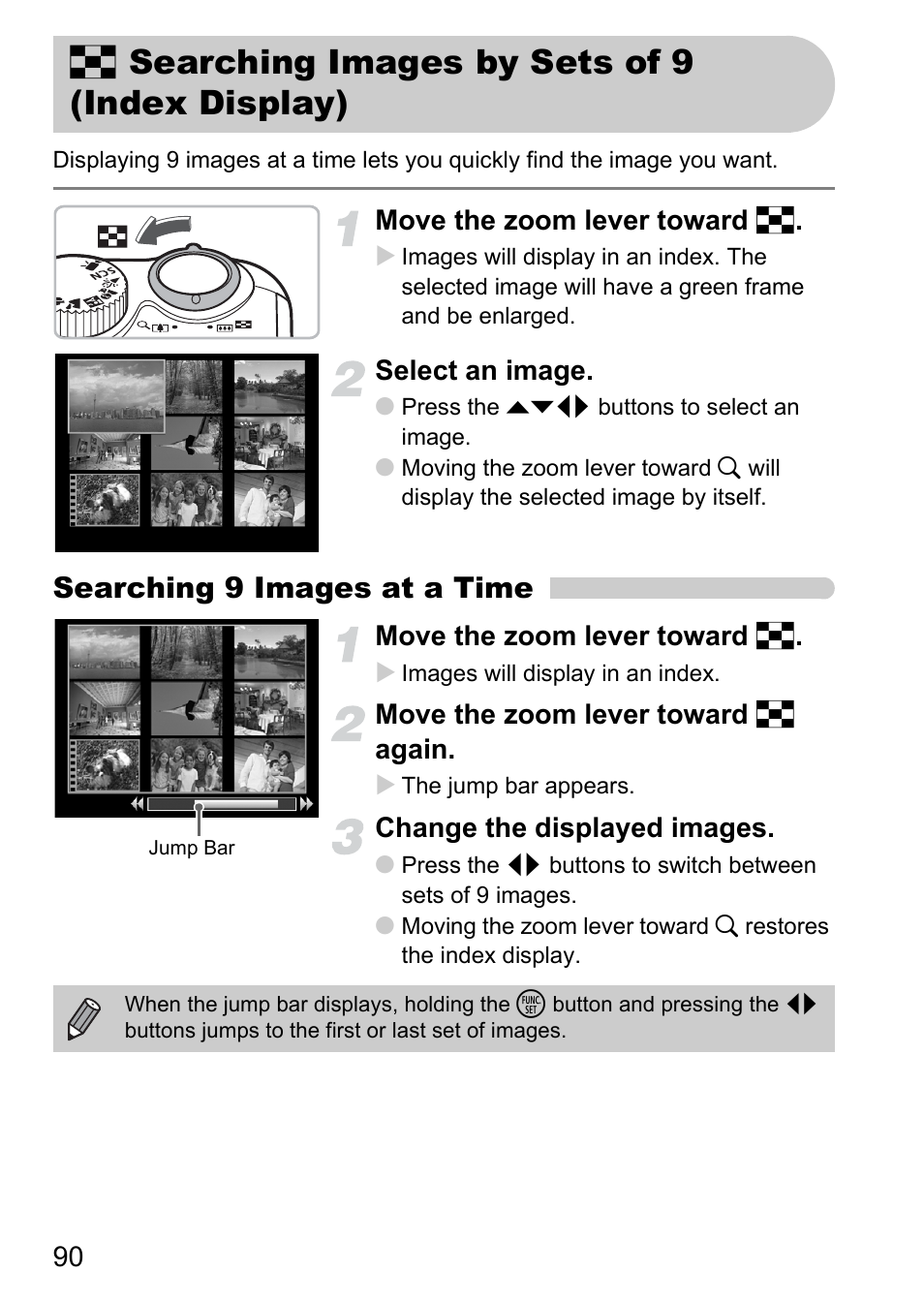 Searching images by sets of 9 (index display), G searching images by sets of 9, Index display) | Index), P. 90), Lay), G searching images by sets of 9 (index display), Searching 9 images at a time | Canon A2100 IS User Manual | Page 90 / 131