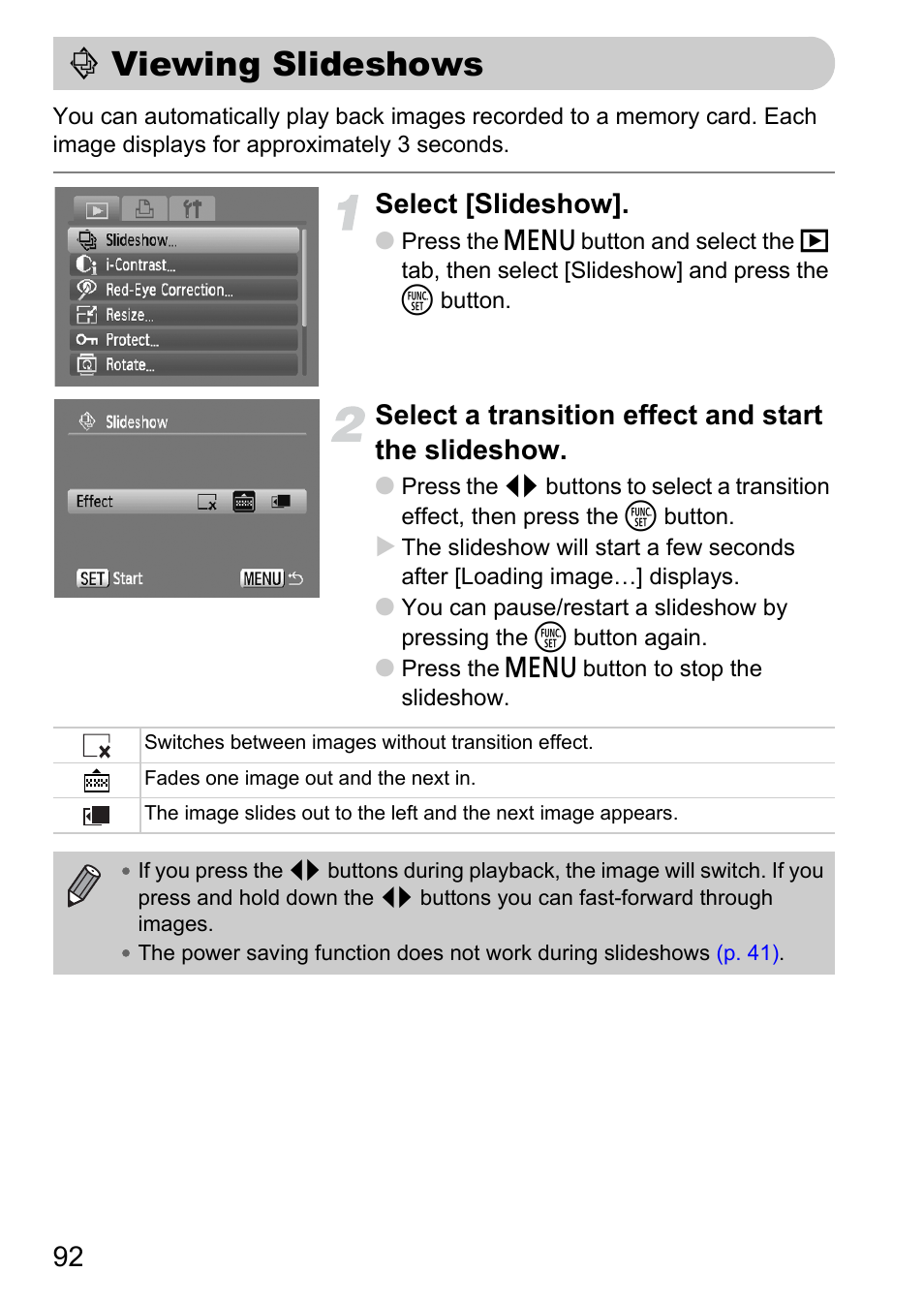 Viewing slideshows, P. 92), Select [slideshow | Select a transition effect and start the slideshow | Canon A2100 IS User Manual | Page 92 / 131