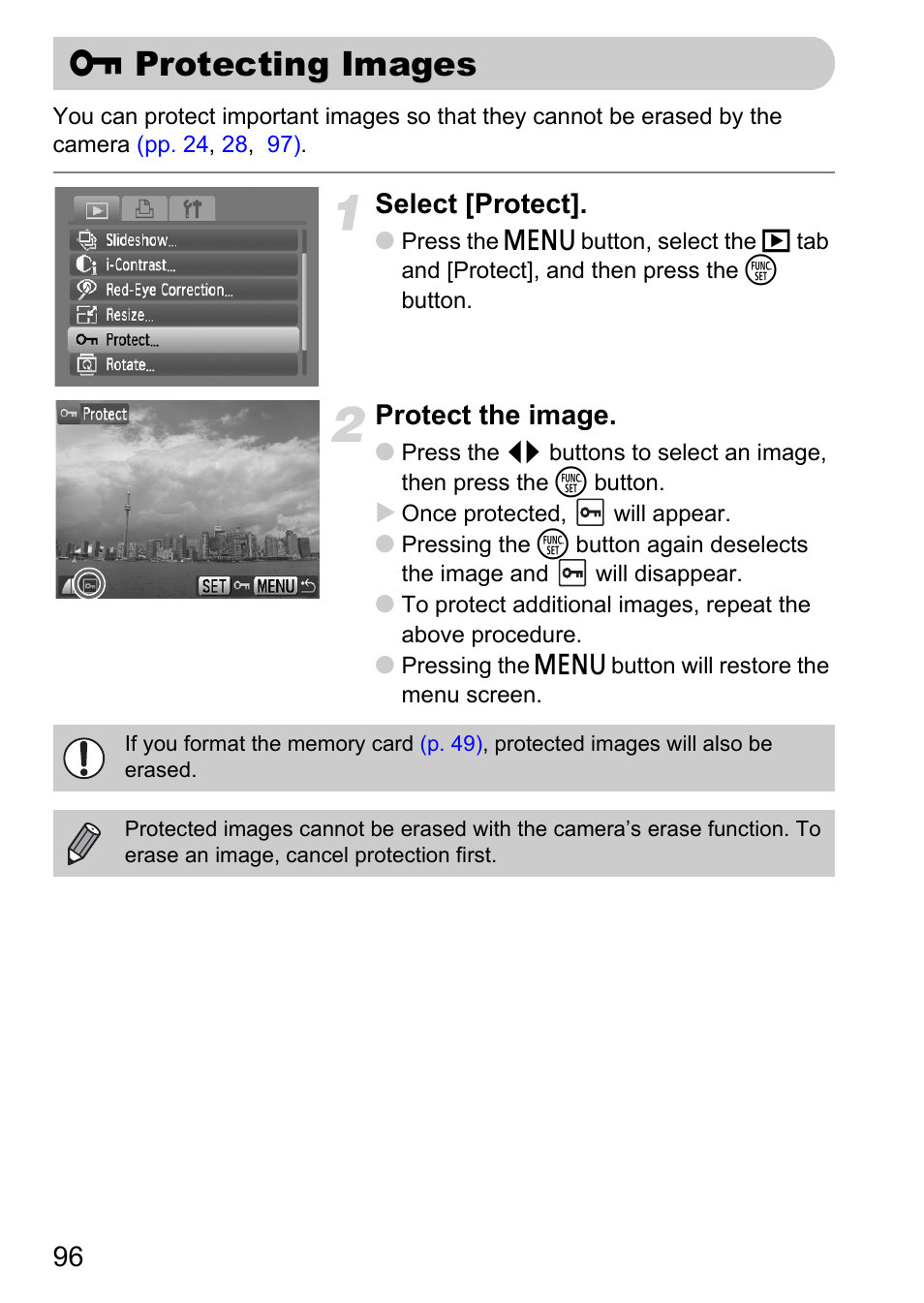 Protecting images, P. 96), Ages | Select [protect, Protect the image | Canon A2100 IS User Manual | Page 96 / 131