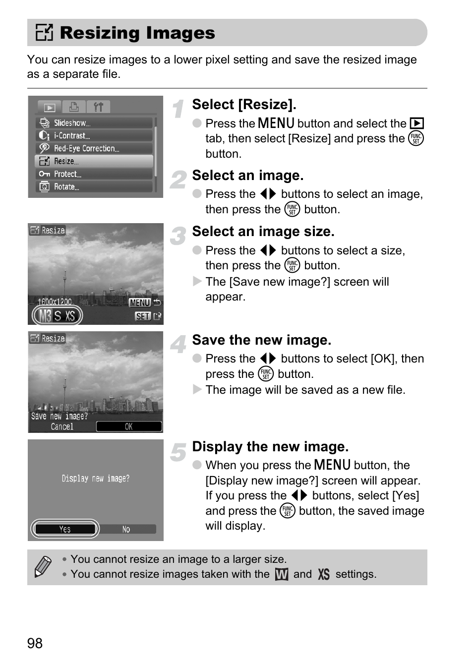 Resizing images, Pp. 98, Select [resize | Select an image, Select an image size, Save the new image, Display the new image | Canon A2100 IS User Manual | Page 98 / 131