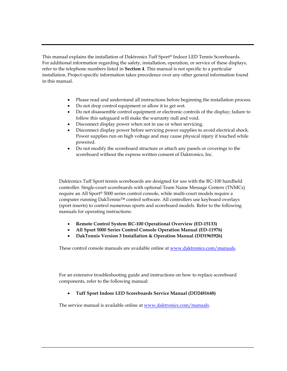 Section 1: introduction, 1 scoreboard controllers, 2 troubleshooting | Section 1, Introduction, Scoreboard controllers, Troubleshooting | Daktronics TN-2501 Tuff Sport Indoor LED Tennis Scoreboard User Manual | Page 7 / 34