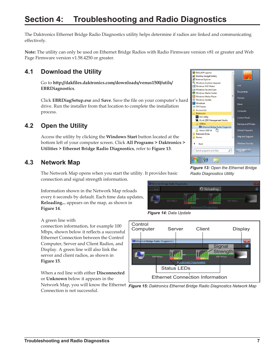 Section 4: troubleshooting and radio diagnostics, 1 download the utility, 2 open the utility | 3 network map, Section 4, Troubleshooting and radio diagnostics, Download the utility, Open the utility, Network map | Daktronics Ethernet Bridge Radio (EBR) 900 MHz (0A-1327-1111) and 2.4GHz (A-3446) User Manual | Page 11 / 15