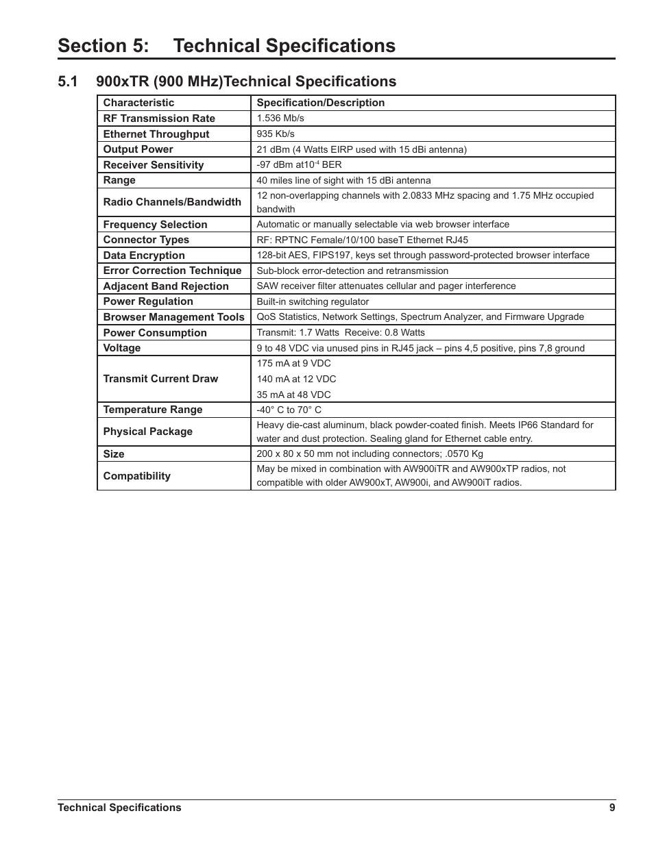 Section 5: technical specifications, 1 900xtr (900 mhz)technical specifications, Section 5 | Technical specifications, 900xtr (900 mhz)technical specifications | Daktronics Ethernet Bridge Radio (EBR) 900 MHz (0A-1327-1111) and 2.4GHz (A-3446) User Manual | Page 13 / 15