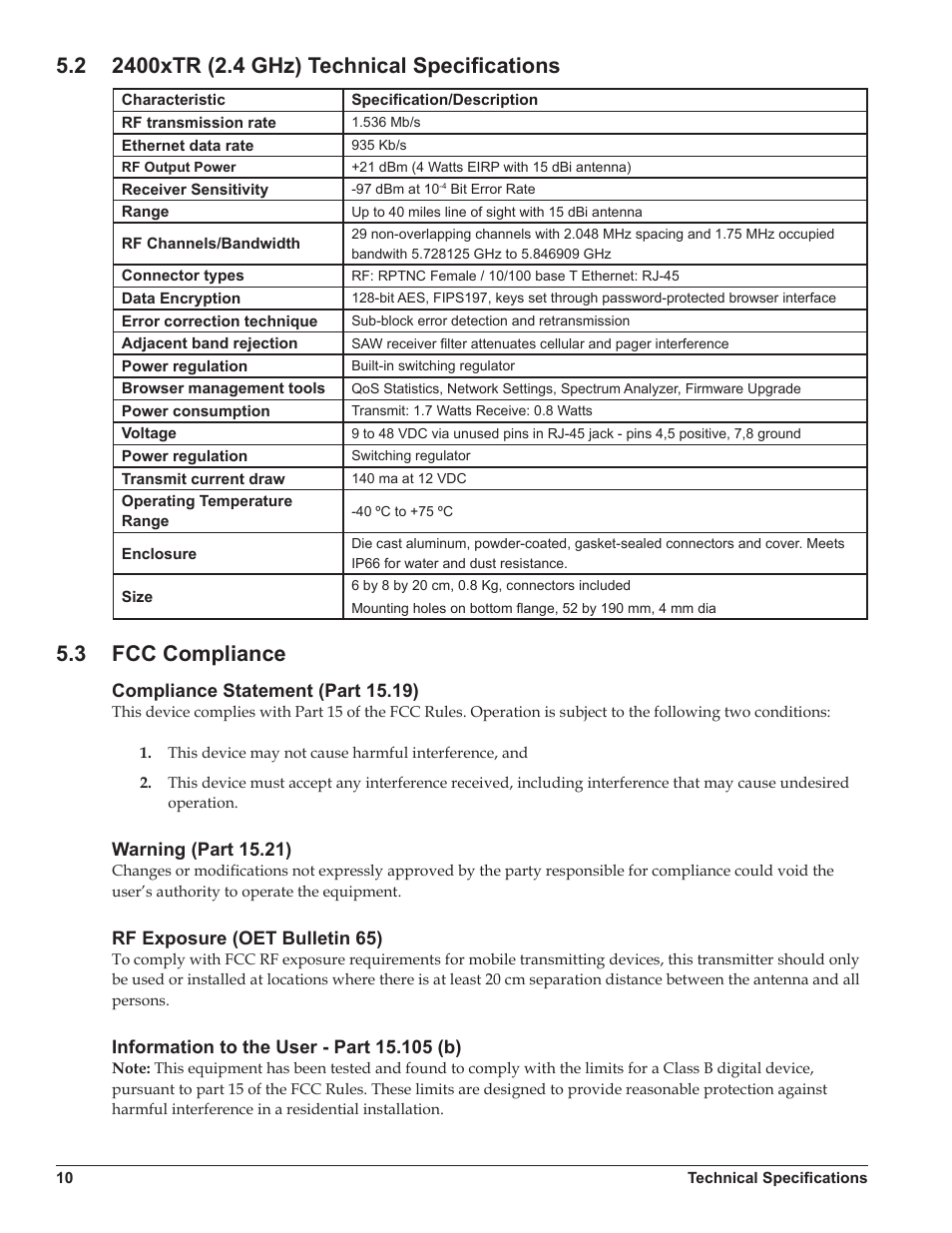 2 2400xtr (2.4 ghz) technical specifications, 3 fcc compliance, Warning (part 15.21) | Rf exposure (oet bulletin 65), Information to the user - part 15.105 (b), 2400xtr (2.4 ghz) technical specifications, Fcc compliance | Daktronics Ethernet Bridge Radio (EBR) 900 MHz (0A-1327-1111) and 2.4GHz (A-3446) User Manual | Page 14 / 15