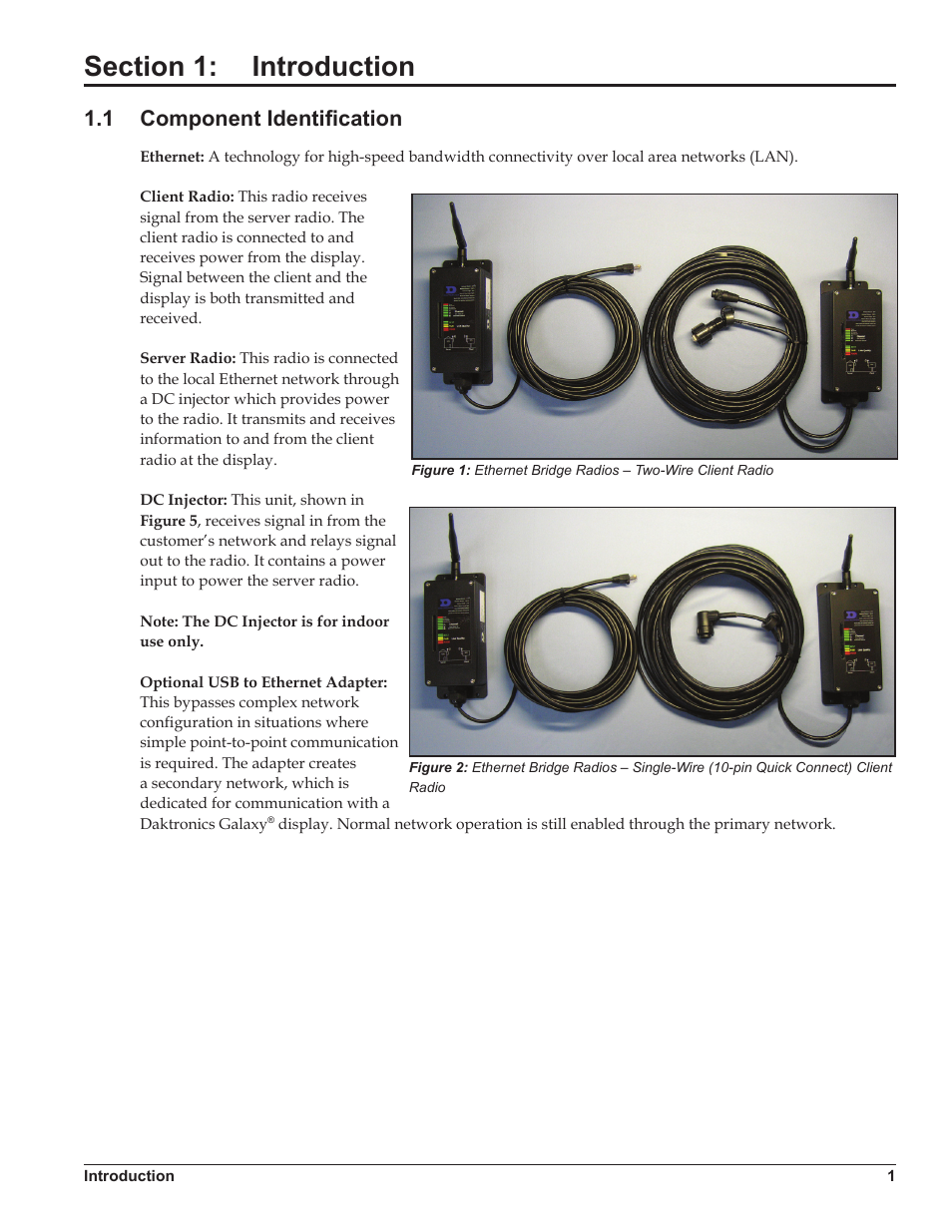 Section 1: introduction, 1 component identification, Section 1 | Introduction, Component identification | Daktronics Ethernet Bridge Radio (EBR) 900 MHz (0A-1327-1111) and 2.4GHz (A-3446) User Manual | Page 5 / 15