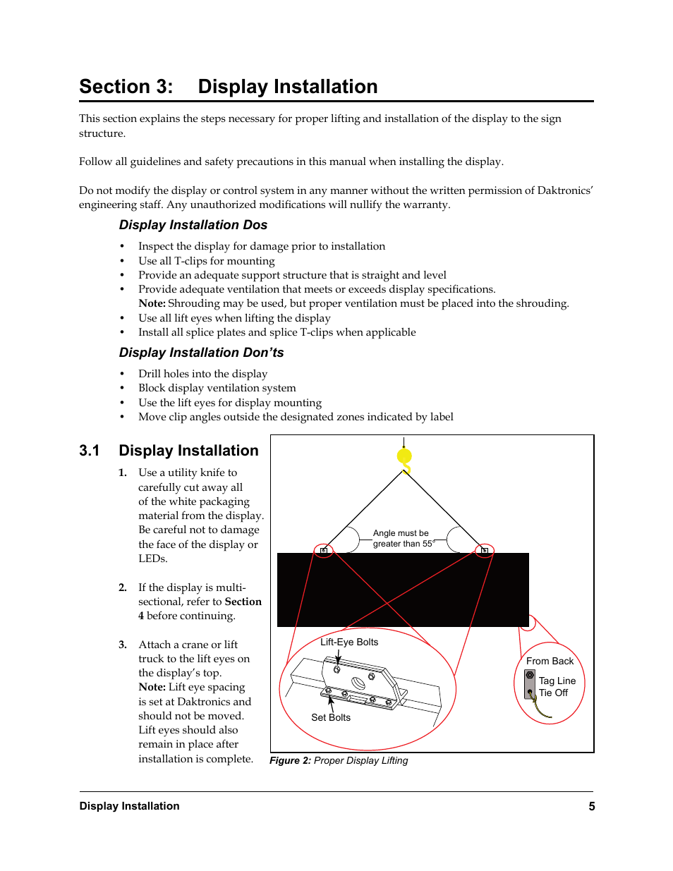 Section 3, Display installation, 1 display installation | Daktronics Rear-Ventilated GalaxyPro GP3 Series User Manual | Page 10 / 42