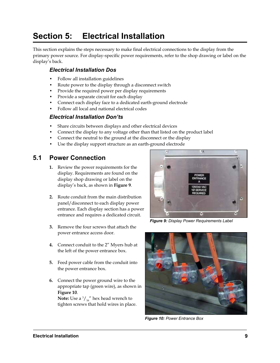 Section 5, Electrical installation, Power connection | 1 power connection | Daktronics Rear-Ventilated GalaxyPro GP3 Series User Manual | Page 14 / 42