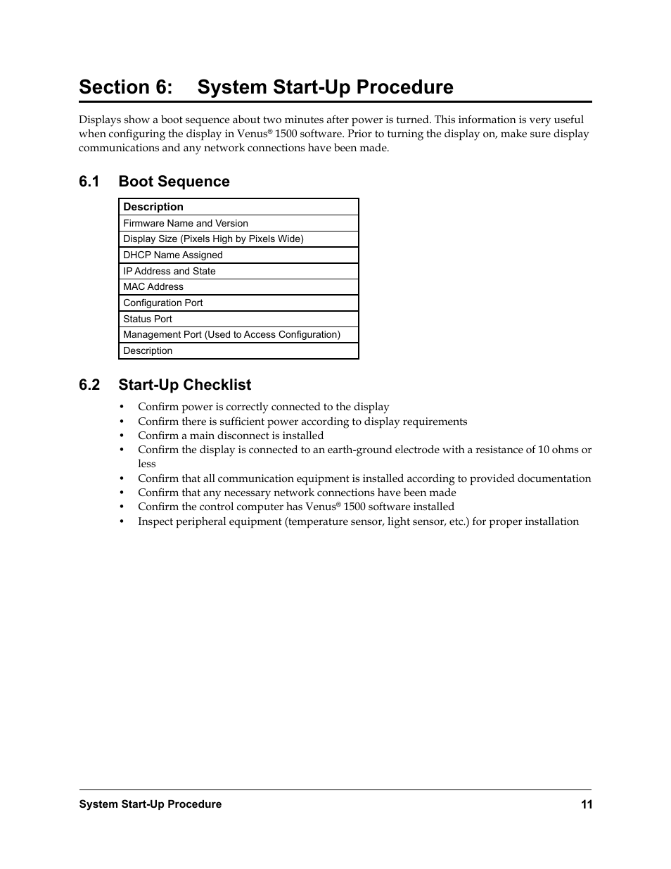 Section 6, System start-up procedure, Boot sequence | Start-up checklist, 1 boot sequence, 2 start-up checklist | Daktronics Rear-Ventilated GalaxyPro GP3 Series User Manual | Page 16 / 42