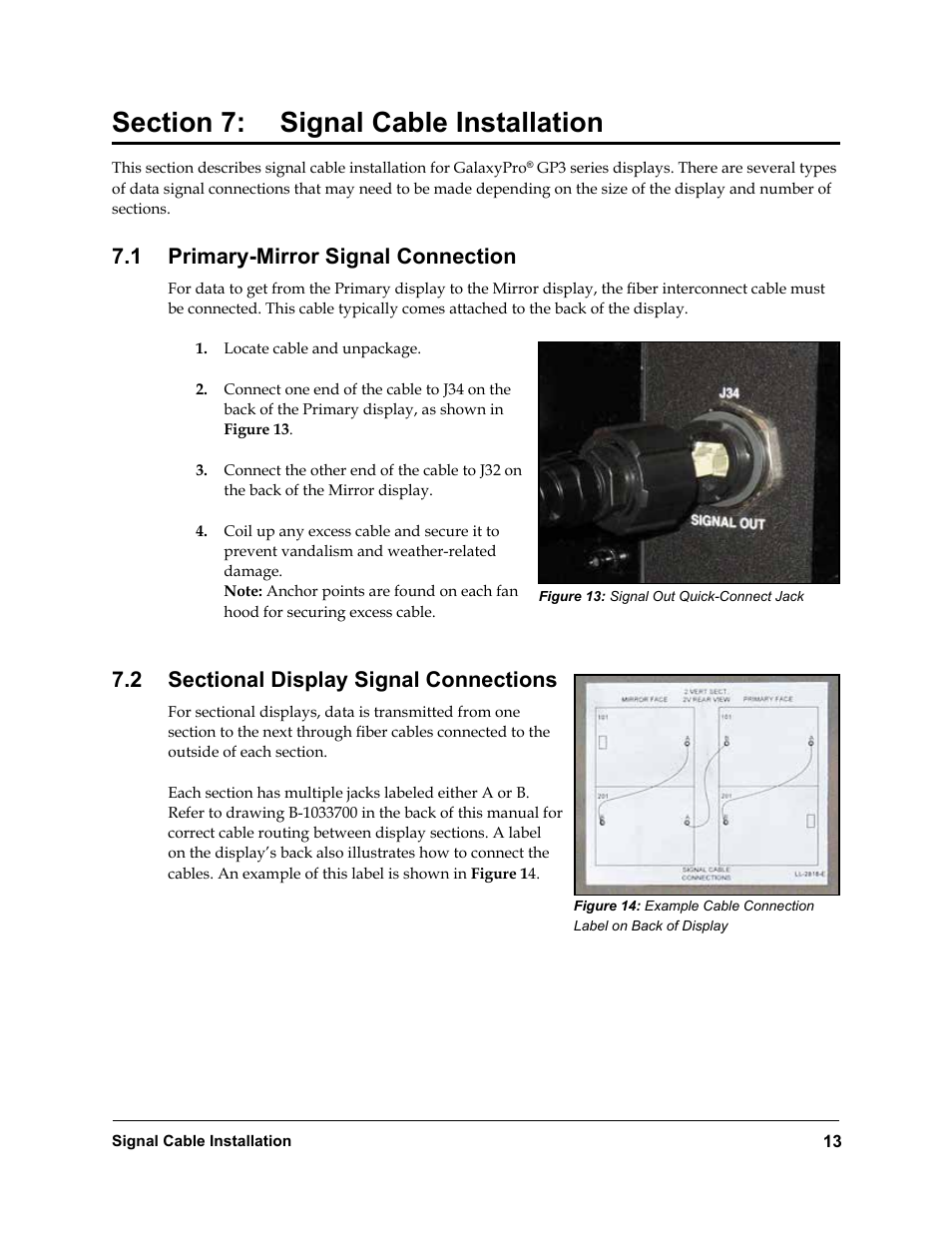 Section 7, Signal cable installation, Primary-mirror signal connection | Sectional display signal connections, 1 primary-mirror signal connection | Daktronics Rear-Ventilated GalaxyPro GP3 Series User Manual | Page 18 / 42