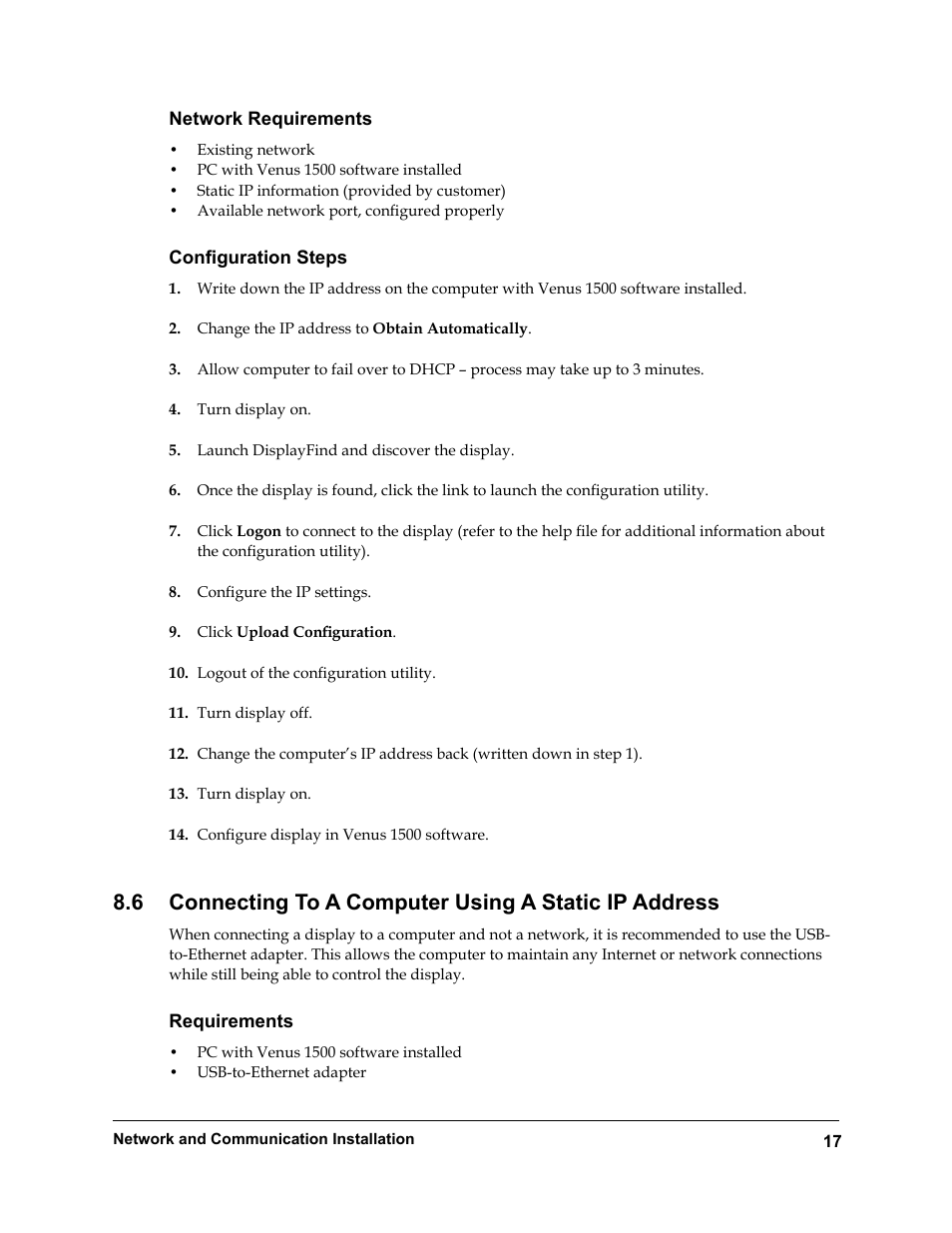 Network requirements, Configuration steps, Connecting to a computer using a static ip address | Requirements | Daktronics Rear-Ventilated GalaxyPro GP3 Series User Manual | Page 22 / 42