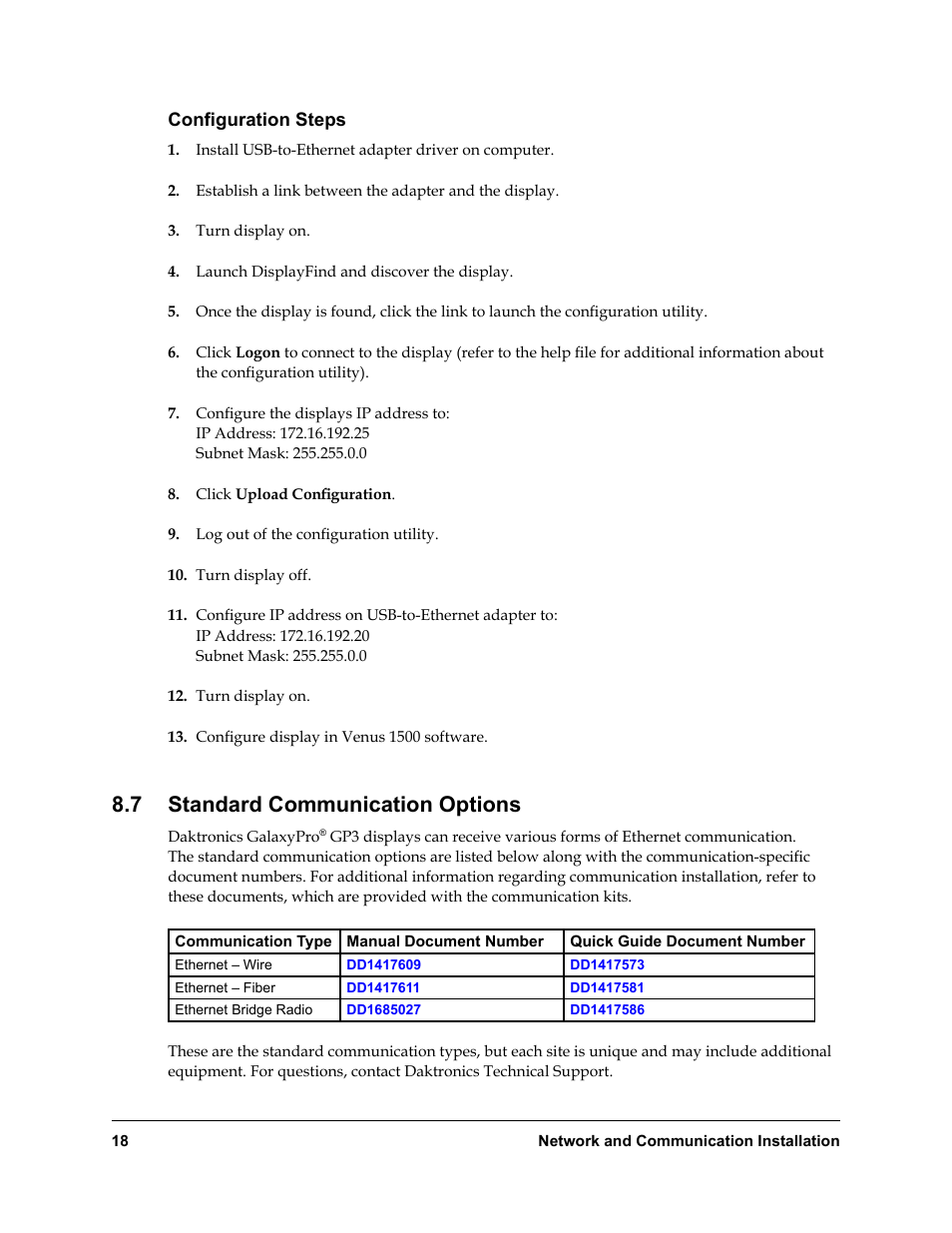 Configuration steps, Standard communication options, 7 standard communication options | Daktronics Rear-Ventilated GalaxyPro GP3 Series User Manual | Page 23 / 42
