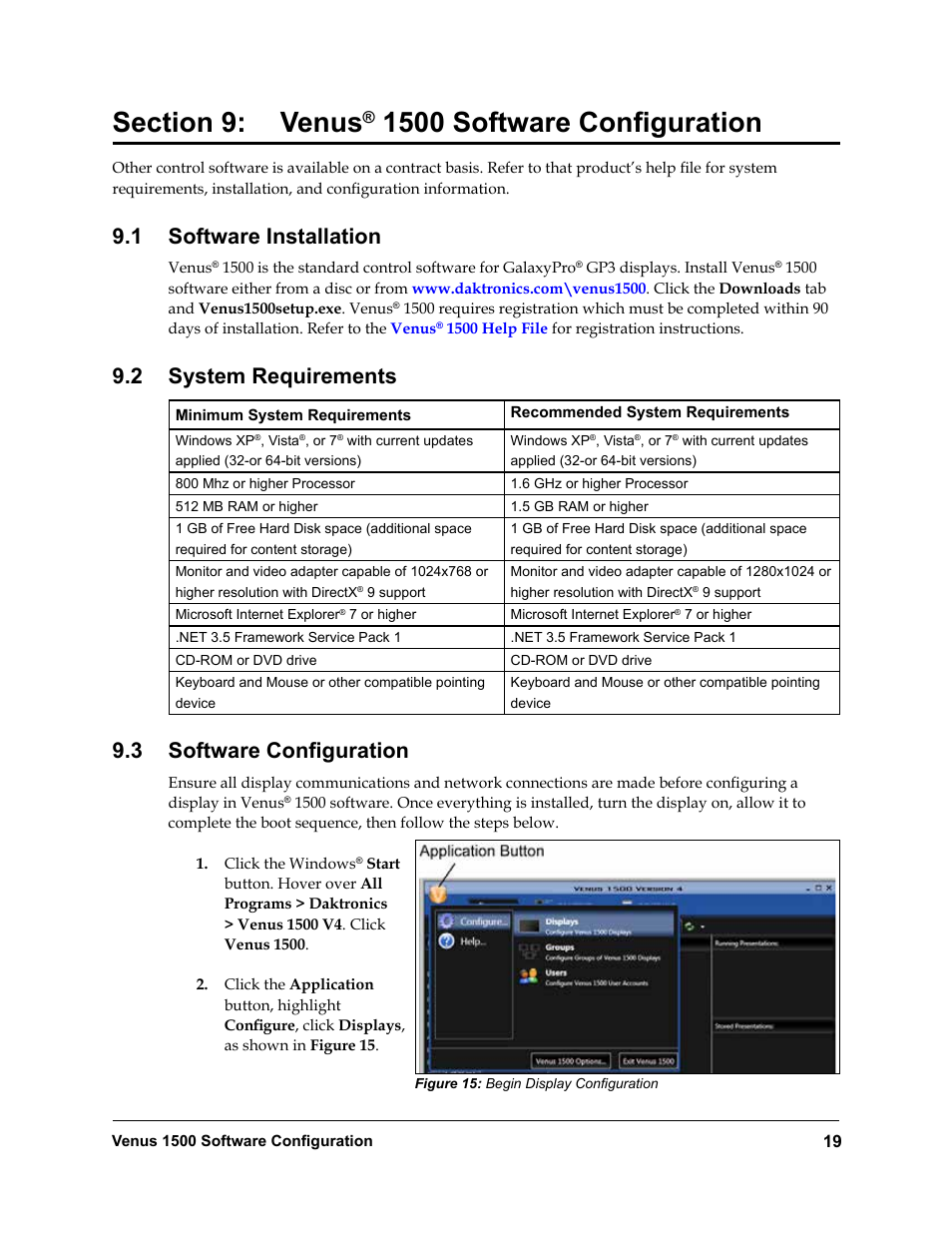 Section 9, Venus, 1500 software configuration | Software installation, System requirements, Software configuration, 1 software installation, 2 system requirements, 3 software configuration | Daktronics Rear-Ventilated GalaxyPro GP3 Series User Manual | Page 24 / 42