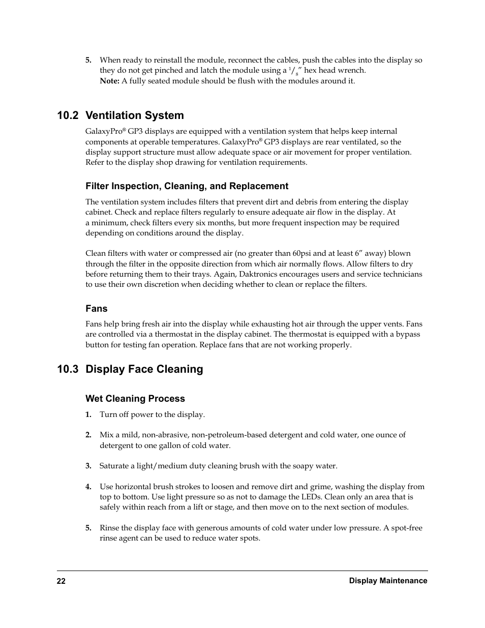 Ventilation system, Filter inspection, cleaning, and replacement, Fans | Display face cleaning, Wet cleaning process, 2 ventilation system, 3 display face cleaning | Daktronics Rear-Ventilated GalaxyPro GP3 Series User Manual | Page 27 / 42
