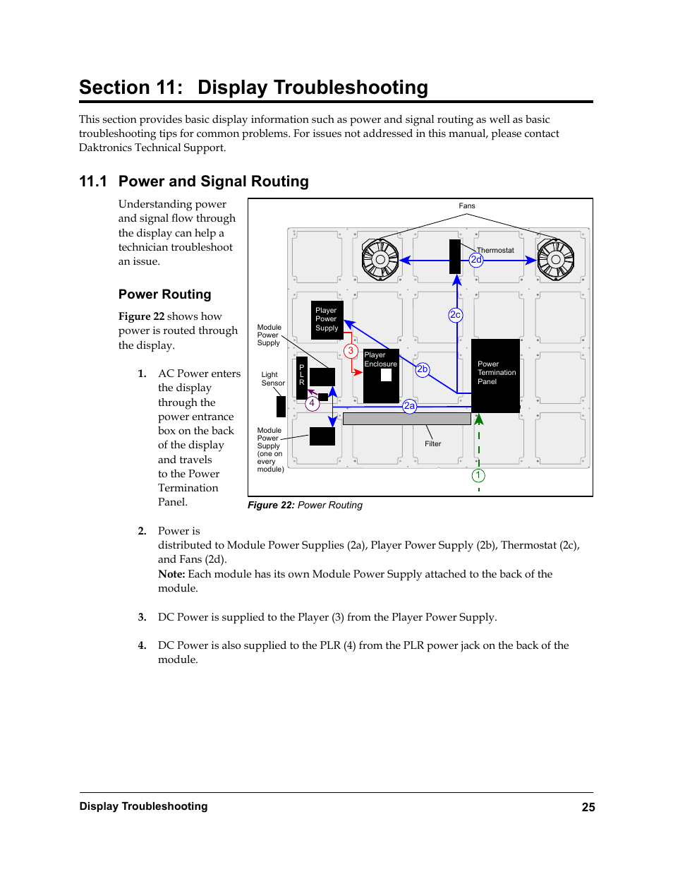 Section 11, Display troubleshooting, Power and signal routing | Power routing, Figure 22, 1 power and signal routing | Daktronics Rear-Ventilated GalaxyPro GP3 Series User Manual | Page 30 / 42