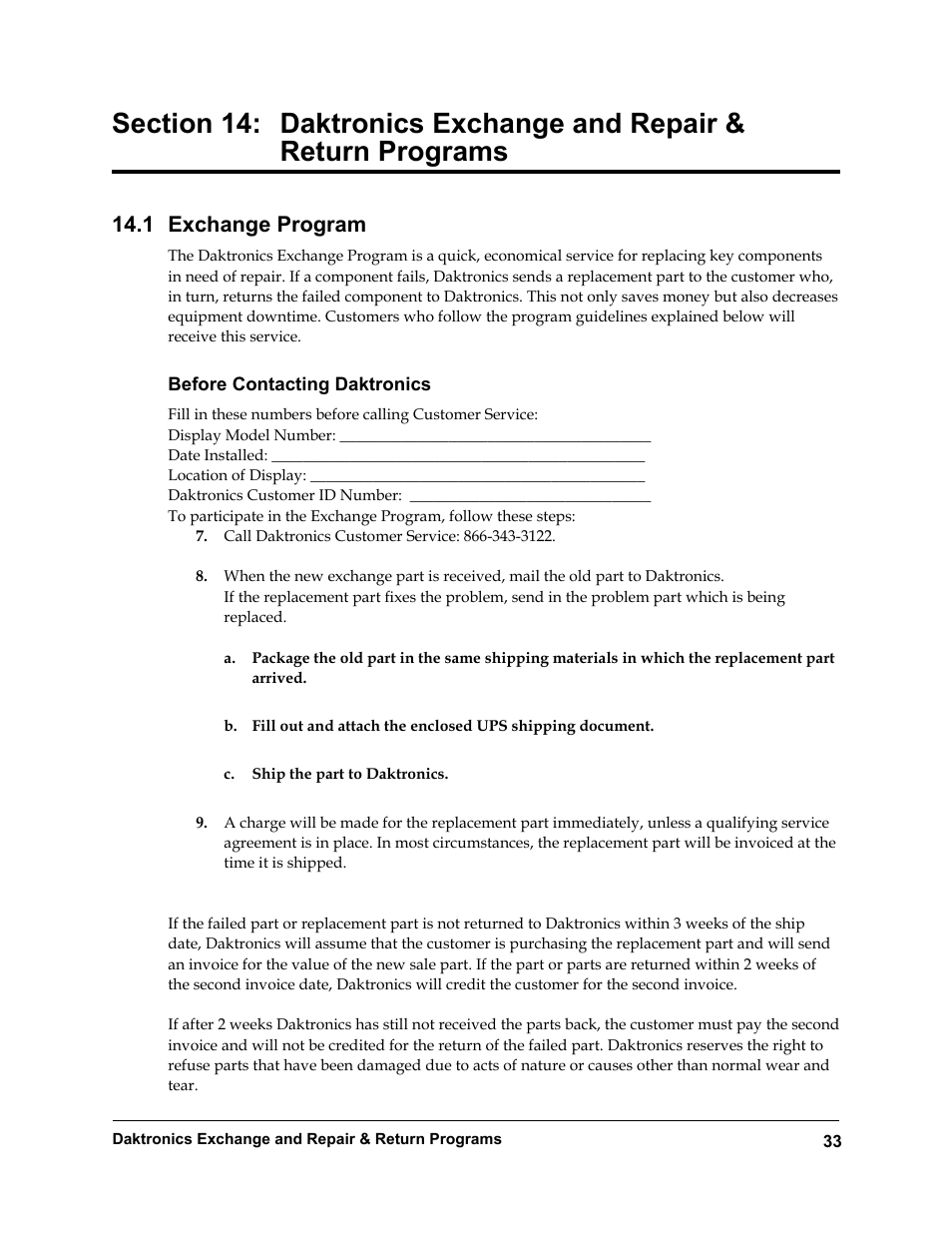 Section 14, Daktronics exchange and repair & return programs, Exchange program | Before contacting daktronics, 1 exchange program | Daktronics Rear-Ventilated GalaxyPro GP3 Series User Manual | Page 38 / 42