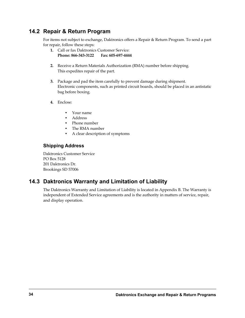 Repair & return program, Shipping address, Daktronics warranty and limitation of liability | 2 repair & return program, 3 daktronics warranty and limitation of liability | Daktronics Rear-Ventilated GalaxyPro GP3 Series User Manual | Page 39 / 42