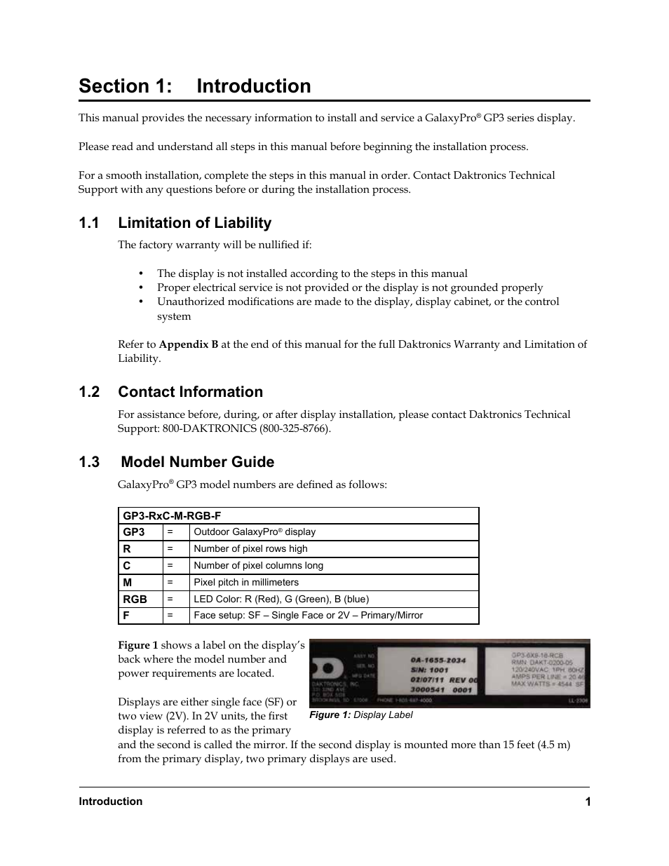Section 1, Introduction, Limitation of liability | Contact information, Model number guide, 1 limitation of liability, 2 contact information | Daktronics Rear-Ventilated GalaxyPro GP3 Series User Manual | Page 6 / 42