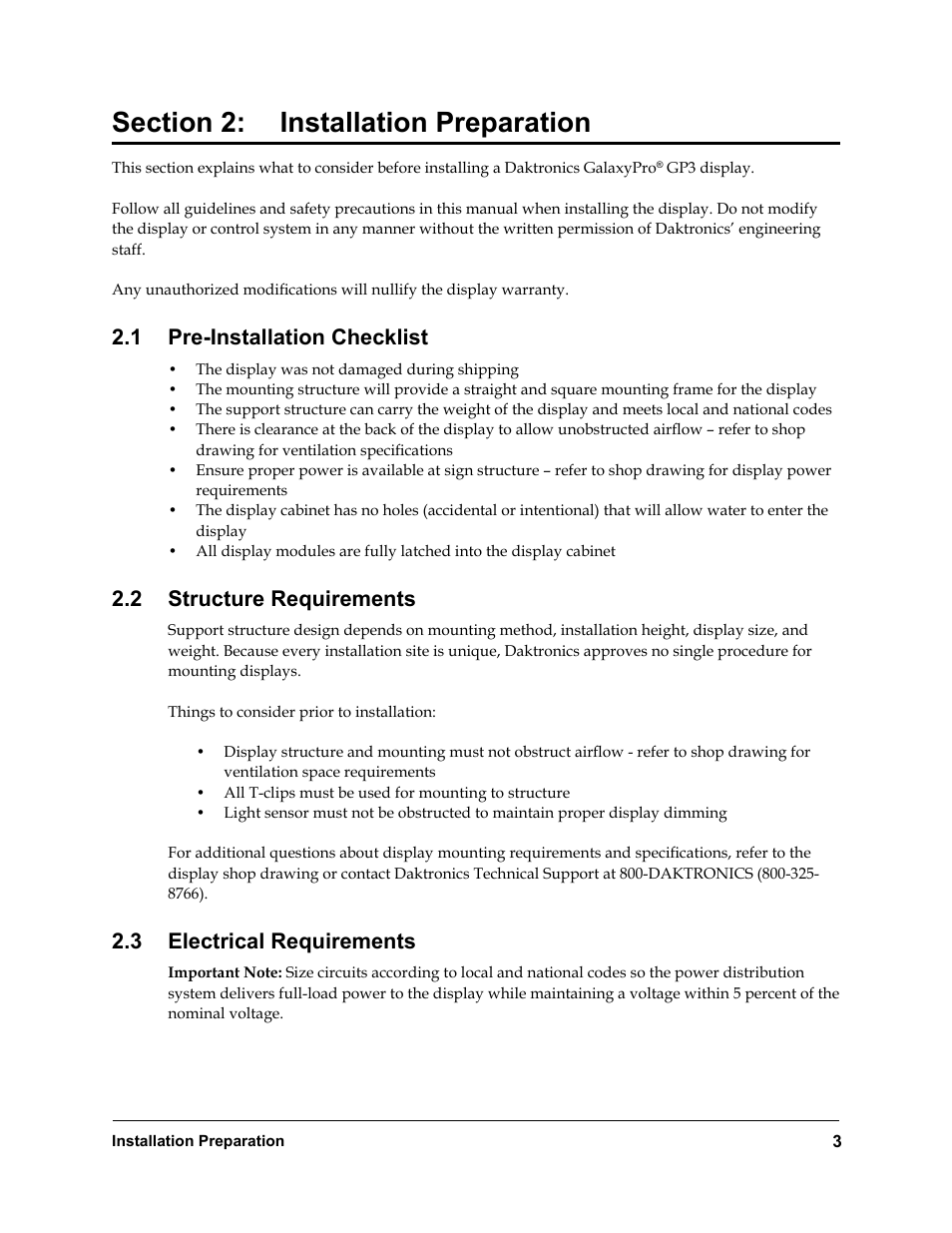 Section 2, Installation preparation, Pre-installation checklist | Structure requirements, Electrical requirements, 1 pre-installation checklist, 2 structure requirements, 3 electrical requirements | Daktronics Rear-Ventilated GalaxyPro GP3 Series User Manual | Page 8 / 42