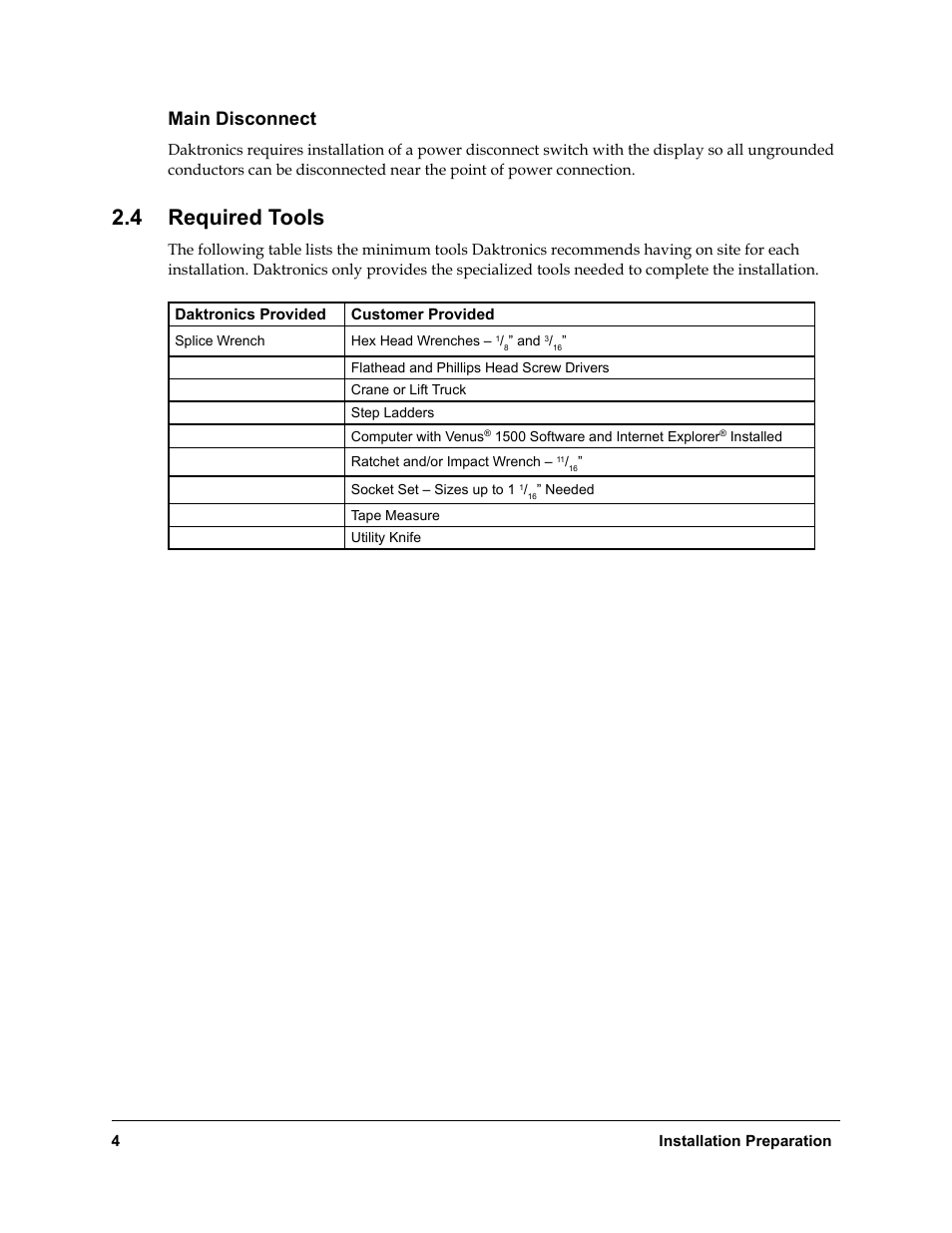 Main disconnect, Required tools, 4 required tools | Daktronics Rear-Ventilated GalaxyPro GP3 Series User Manual | Page 9 / 42