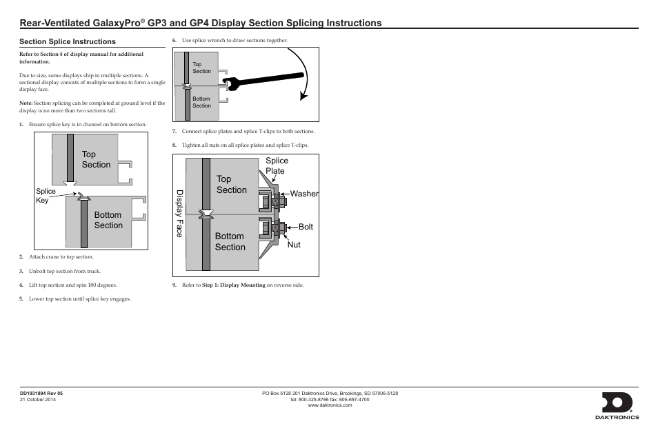 Rear-ventilated galaxypro, Splice plate bolt nut washer display face | Daktronics Rear-Ventilated GalaxyPro GP3 and GP4 Display User Manual | Page 2 / 2