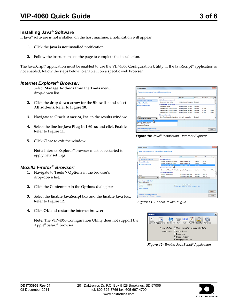Installing java, Software, Internet explorer | Browser, Mozilla firefox | Daktronics VIP-4060 User Manual | Page 3 / 6
